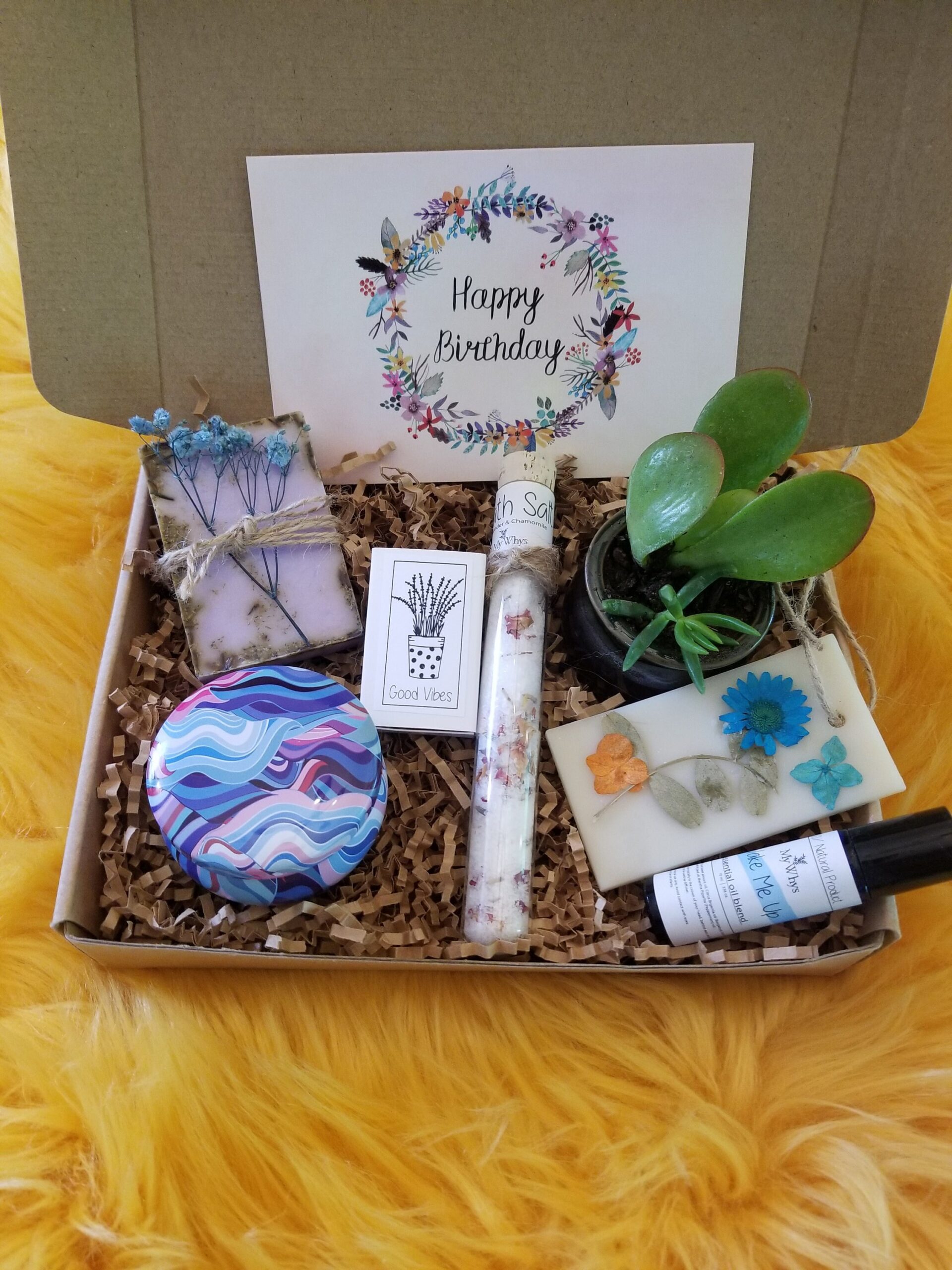 Happy Birthday gift box for her, send a care package, live succulent gift box, relaxation spa set , 100% natural products, friendship gift.