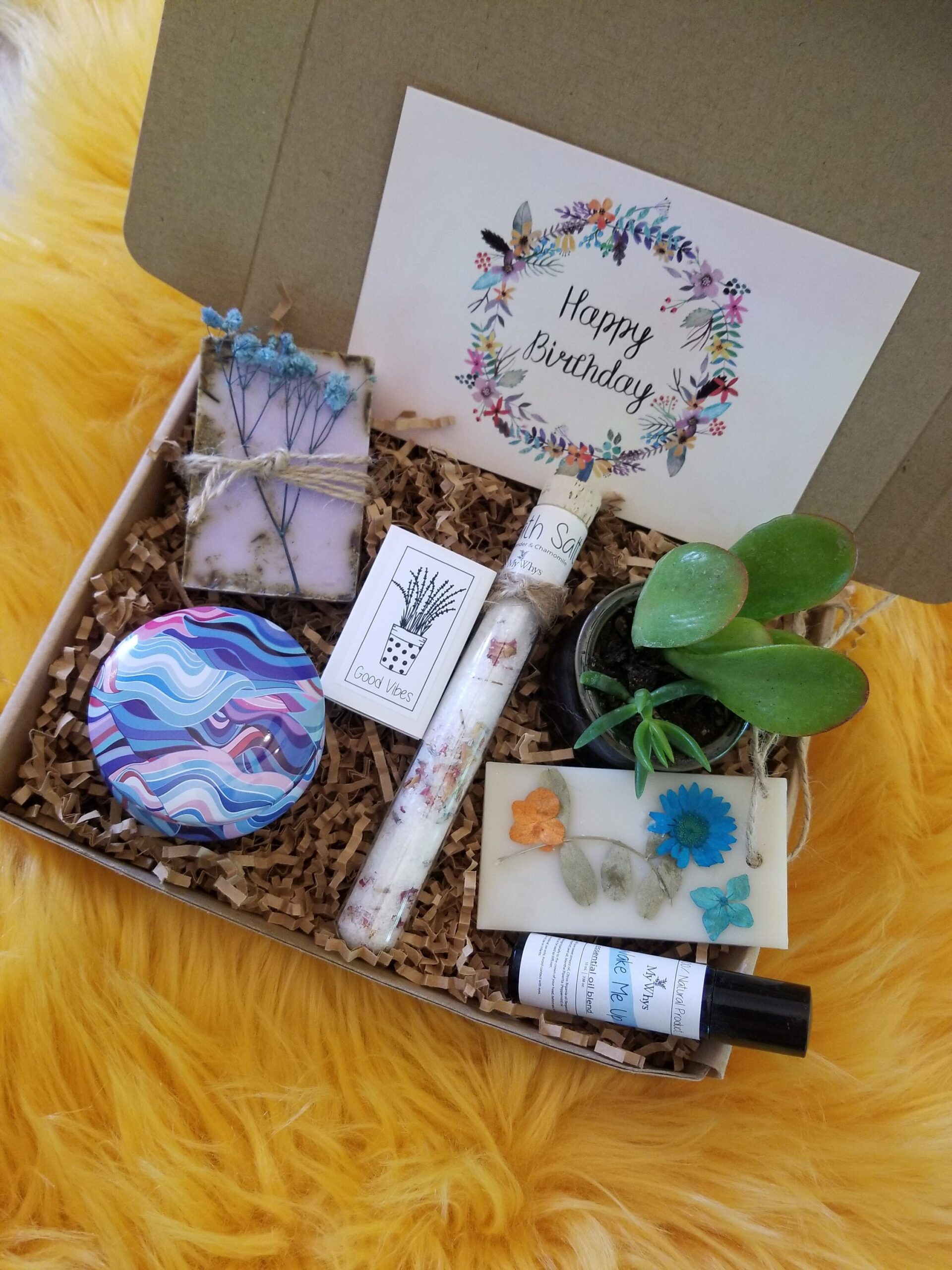 Happy Birthday gift box for her, send a care package, live succulent gift box, relaxation spa set , 100% natural products, friendship gift.