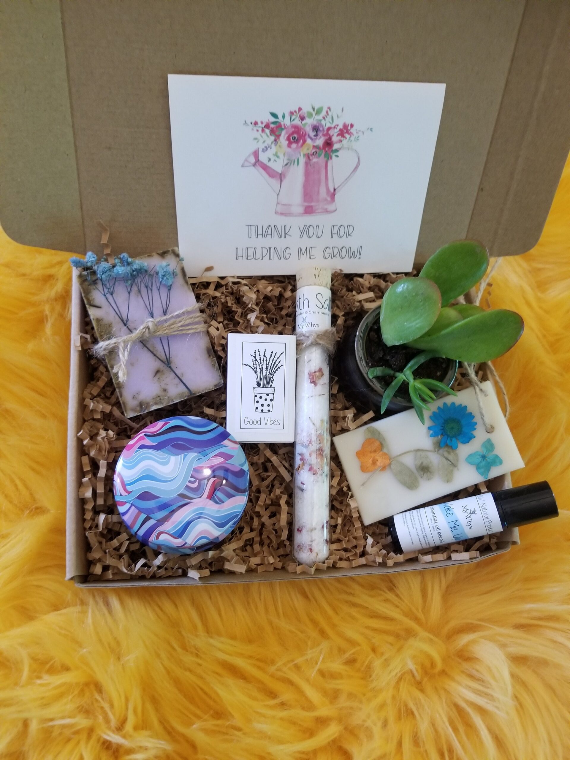 Teacher appreciation gift box, send a care package, live succulent, relaxation spa set, natural products, Thanks for helping me grow.