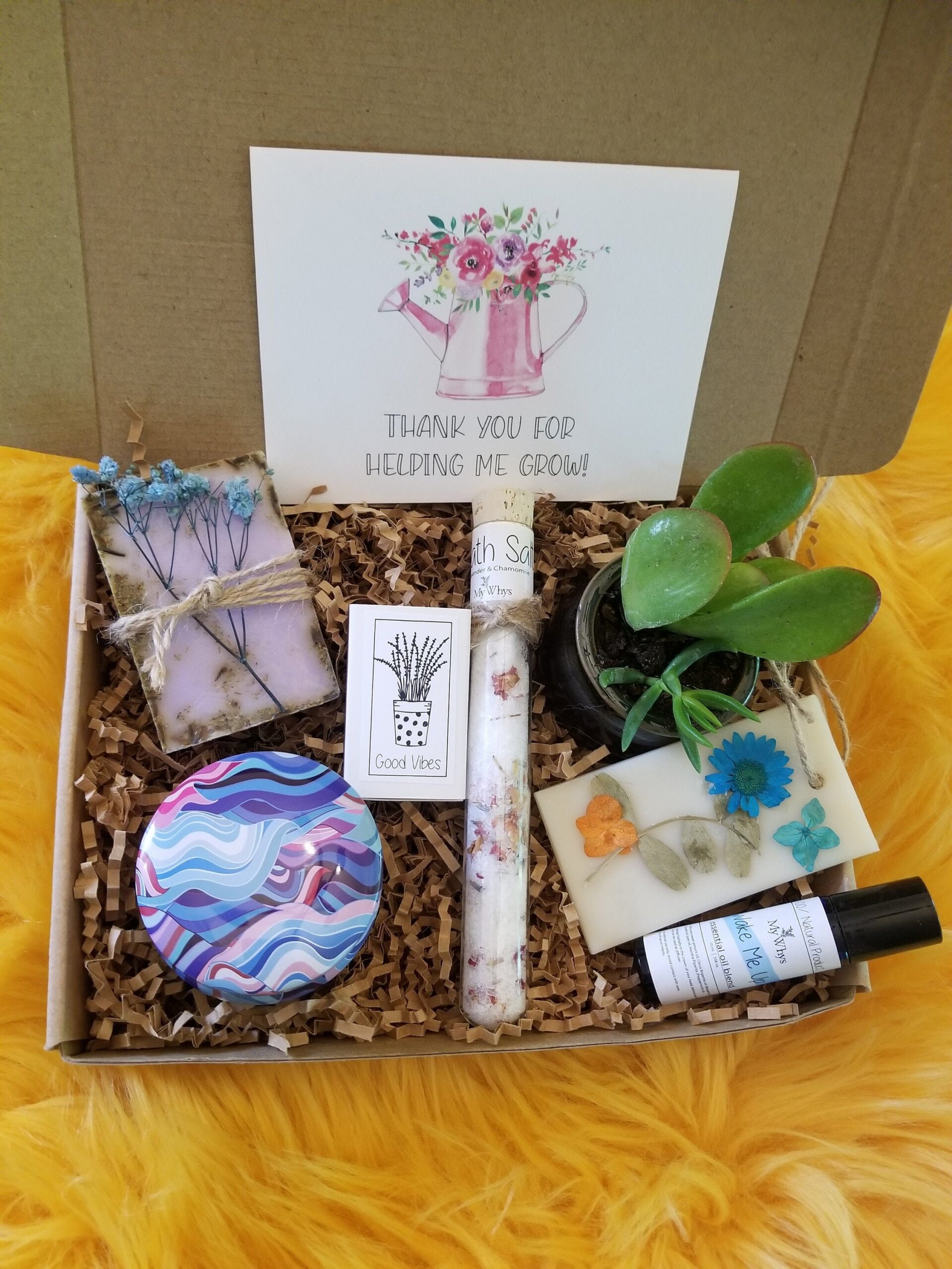Teacher appreciation gift box, send a care package, live succulent, relaxation spa set, natural products, Thanks for helping me grow.