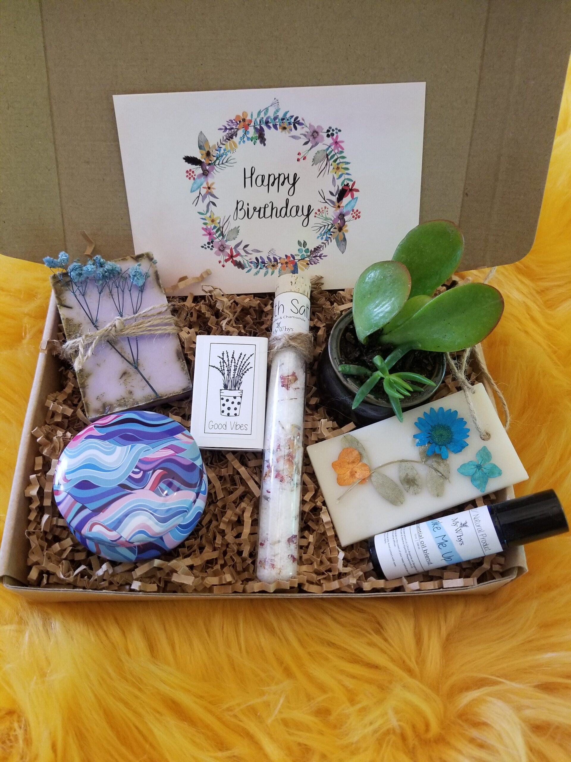 Happy Birthday gift box for her, send a care package, live succulent gift box, relaxation spa set , 100% natural products, friendship gift.
