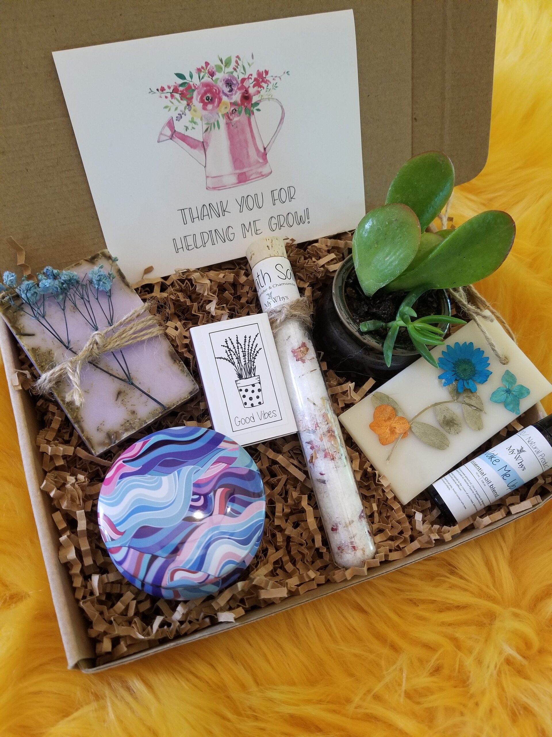 Teacher appreciation gift box, send a care package, live succulent, relaxation spa set, natural products, Thanks for helping me grow.