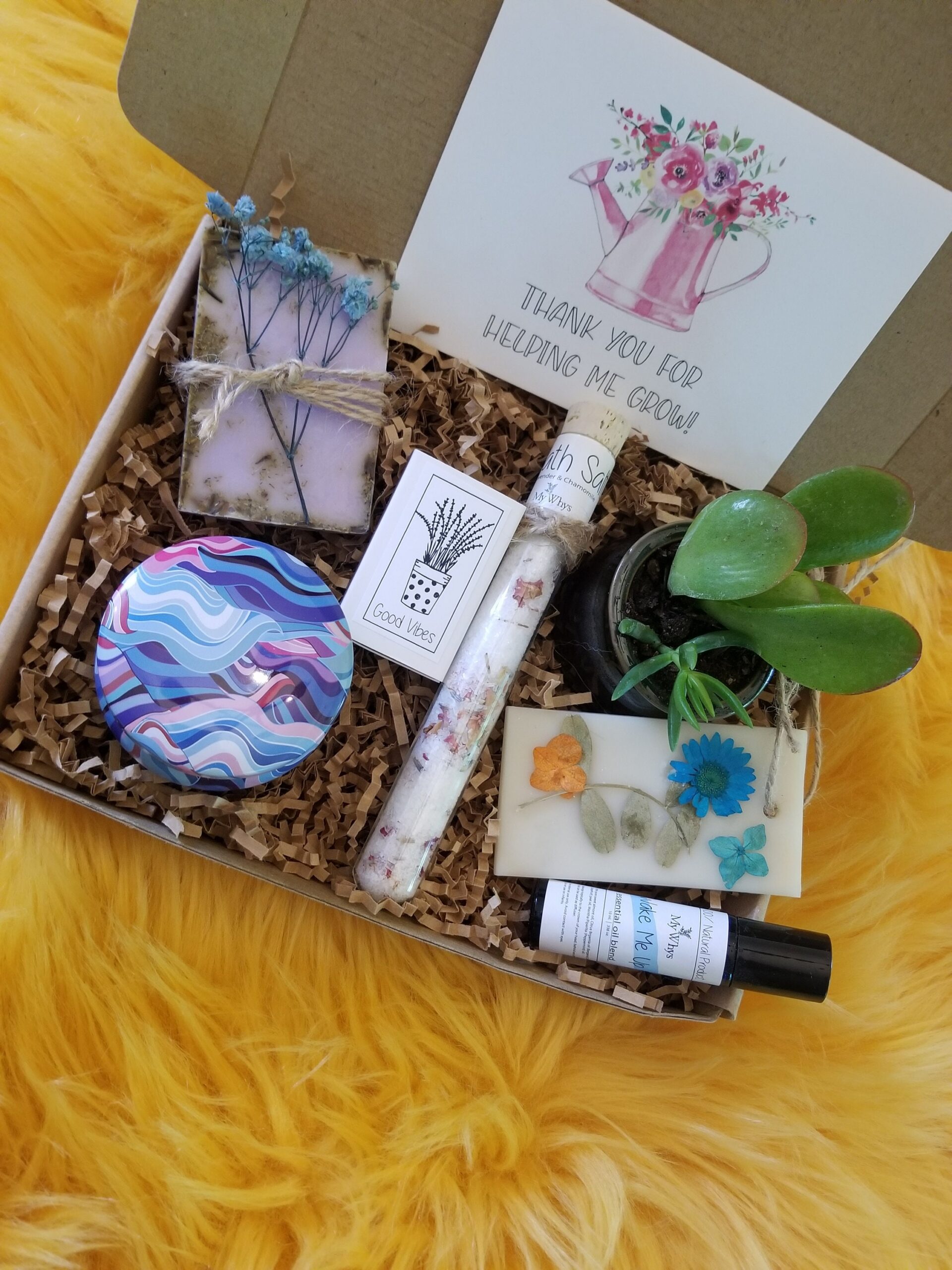 Teacher appreciation gift box, send a care package, live succulent, relaxation spa set, natural products, Thanks for helping me grow.