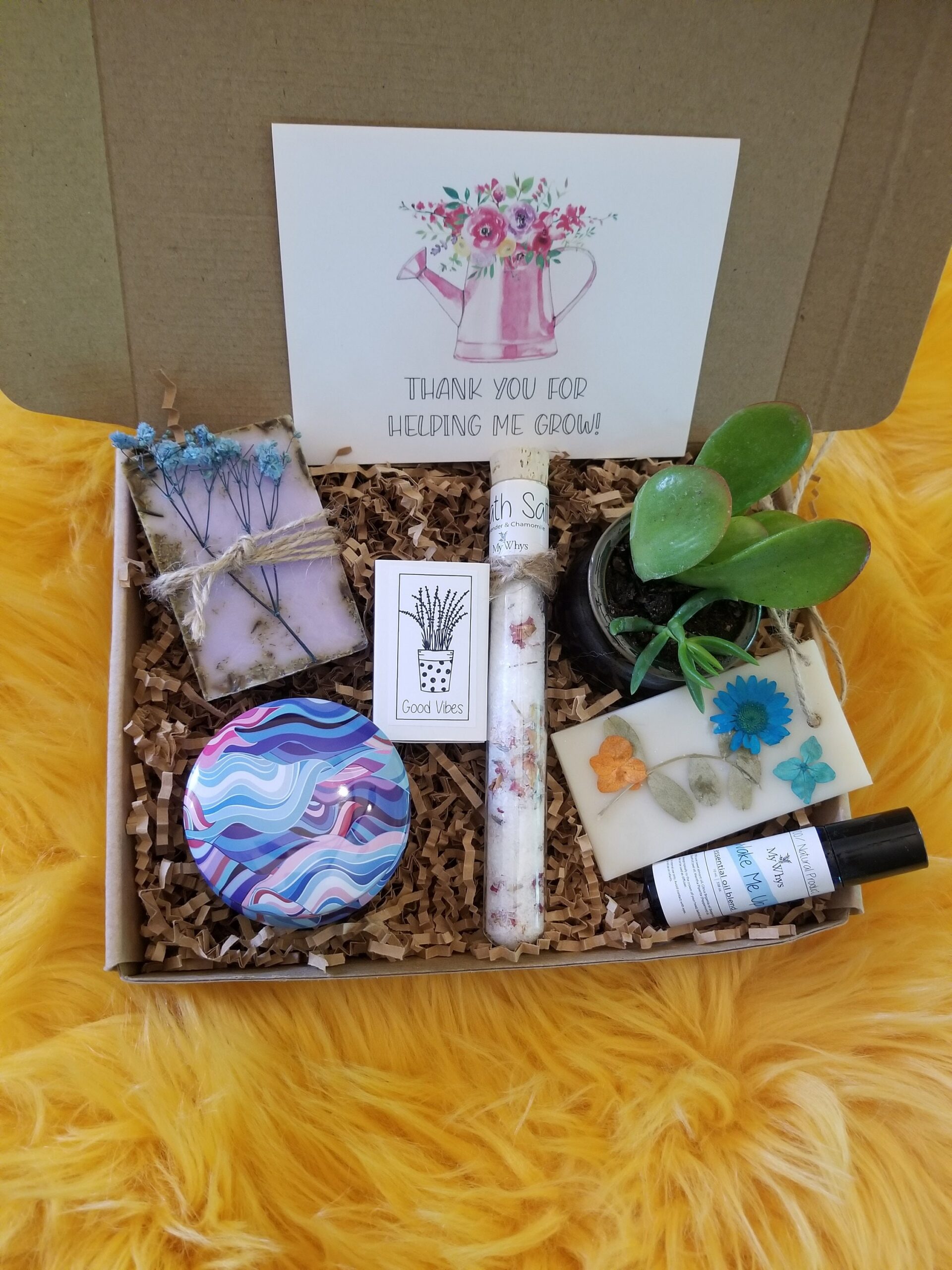 Teacher appreciation gift box, send a care package, live succulent, relaxation spa set, natural products, Thanks for helping me grow.