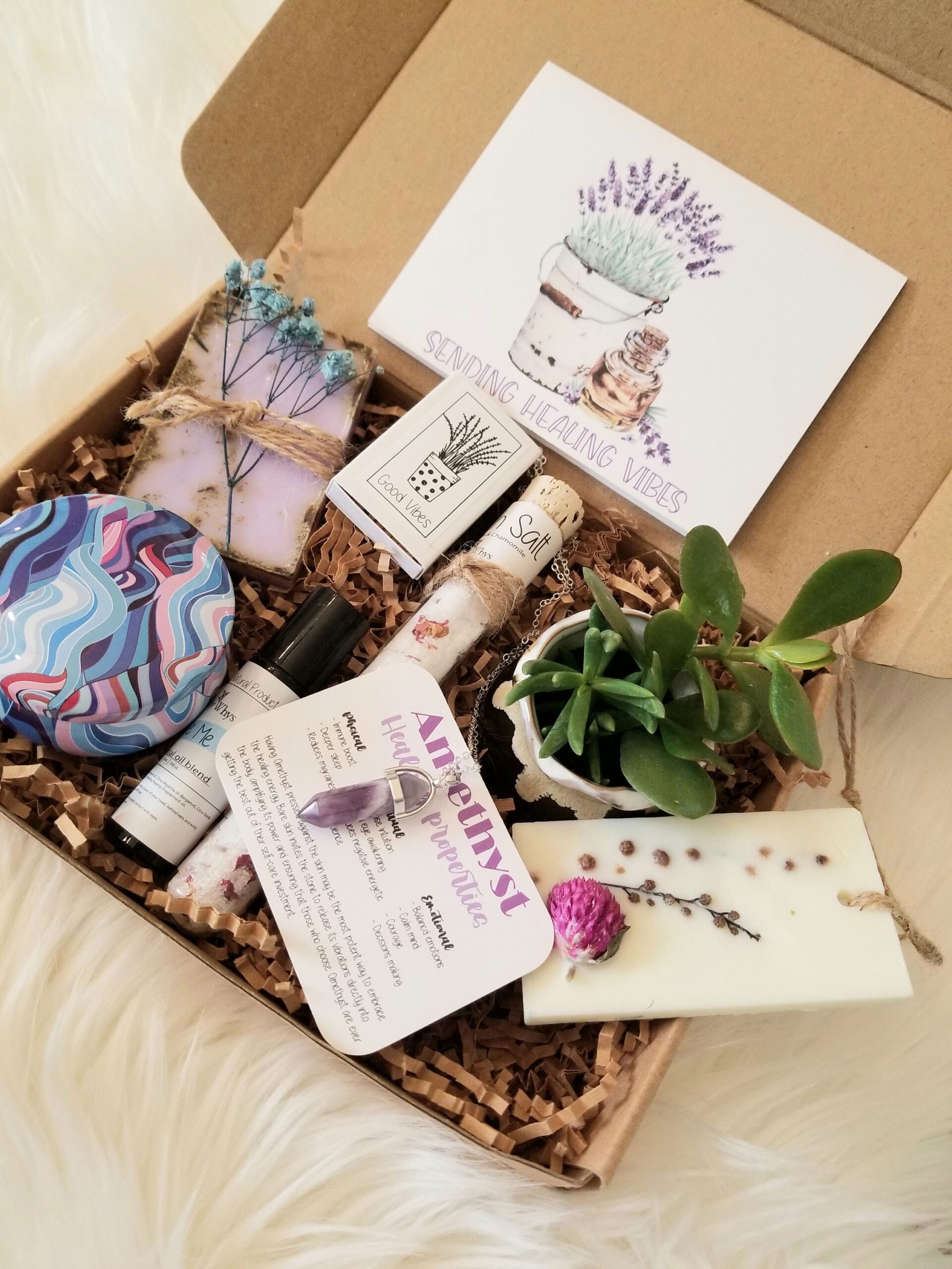 Sending healing vibes gift basket, Thinking of you care package, spirituality gift box, send a healing vibes package, amethyst necklace.