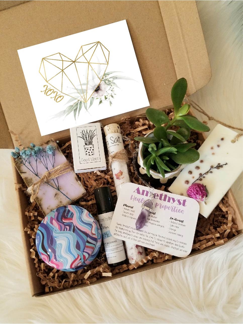 Valentines day spa gift box, xoxo gift set, Sending love gift basket, Thinking of you care package, live succulent. send a hug in a box.