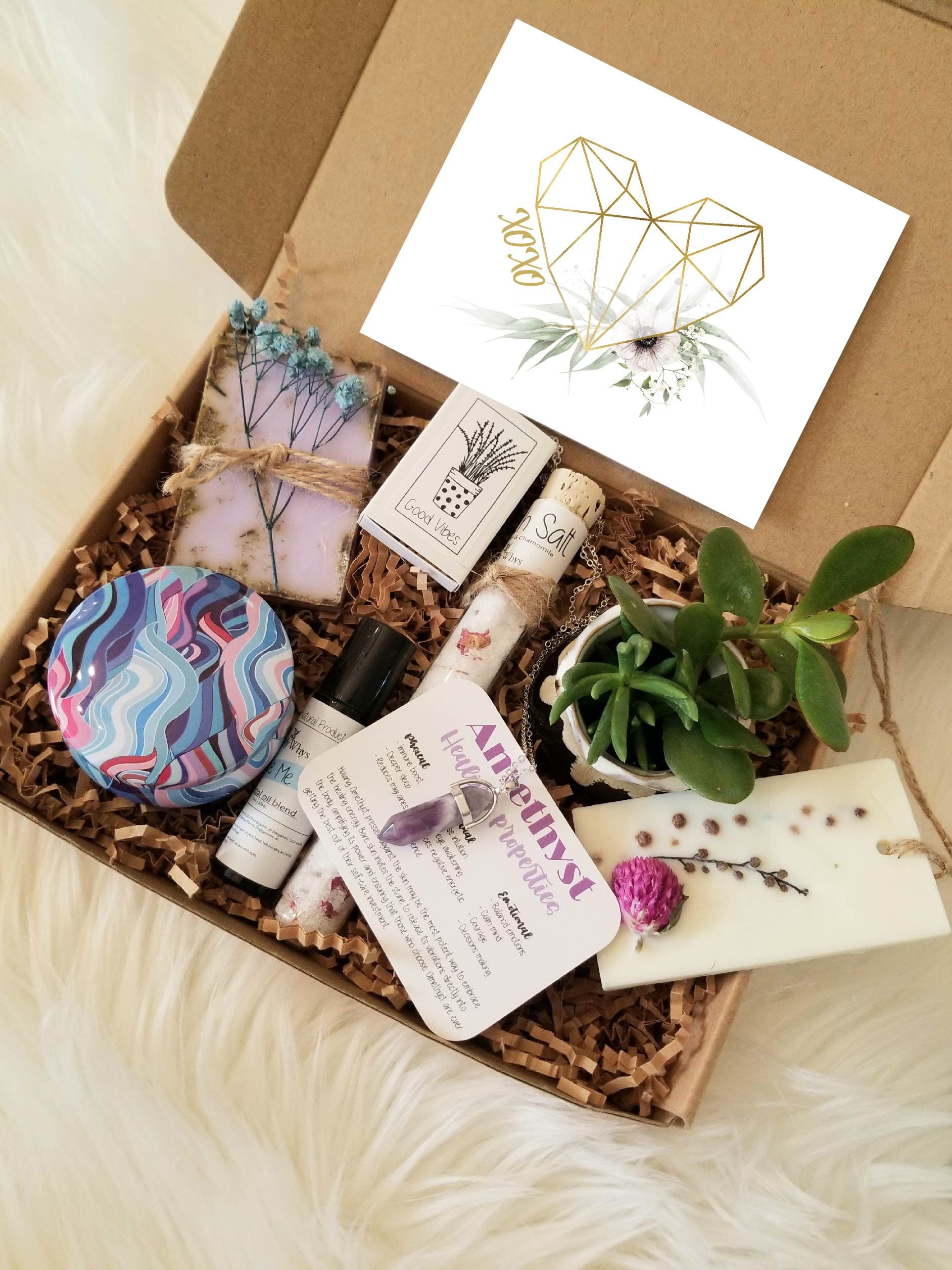 Valentines day spa gift box, xoxo gift set, Sending love gift basket, Thinking of you care package, live succulent. send a hug in a box.
