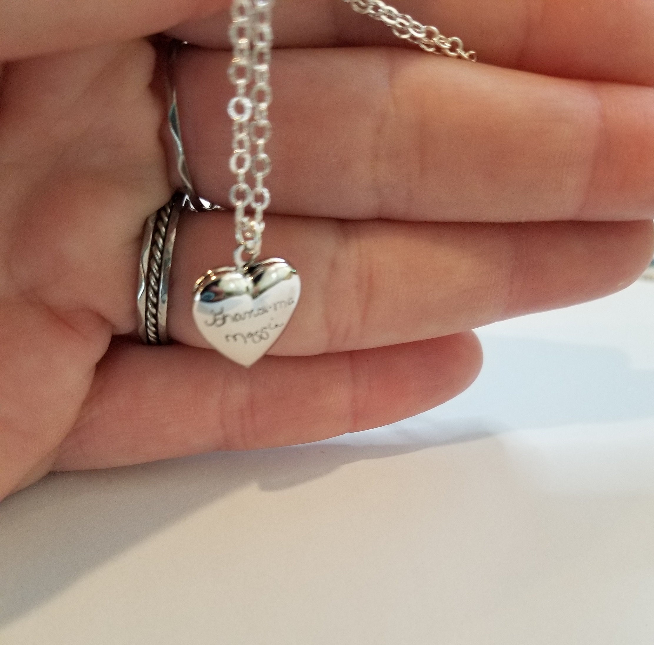 Heart locket necklace, Actual handwriting necklace, Custom handwritten keepsake gift, personalized engraved necklace, silver locket pendant.