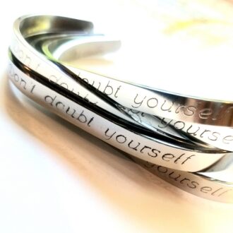 Don’t doubt yourself bracelet, uplifting cuff, Engraved Silver cuff bangle, Encouragement gift idea for her. I believe in you.