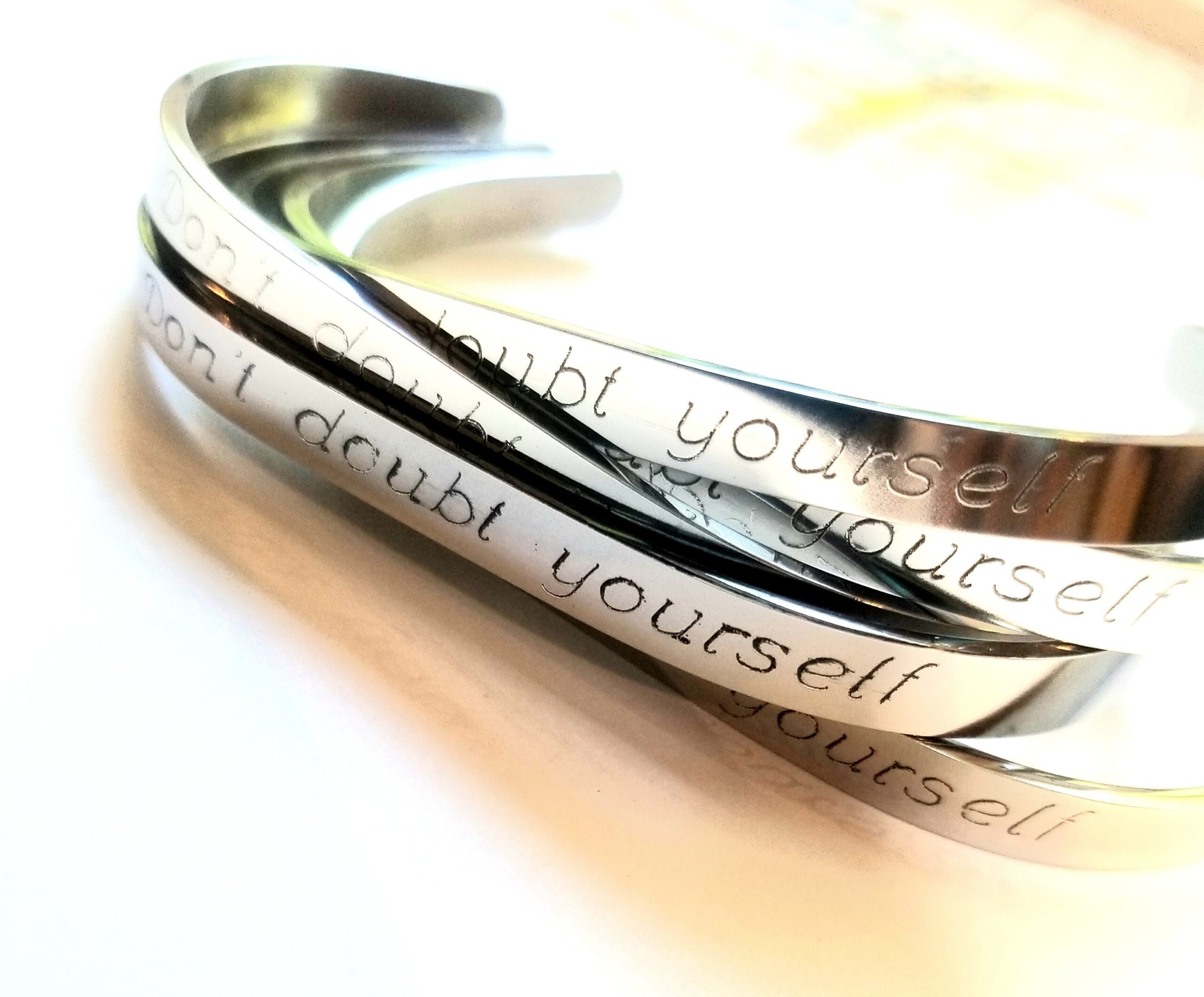 Don’t doubt yourself bracelet, uplifting cuff, Engraved Silver cuff bangle, Encouragement gift idea for her. I believe in you.