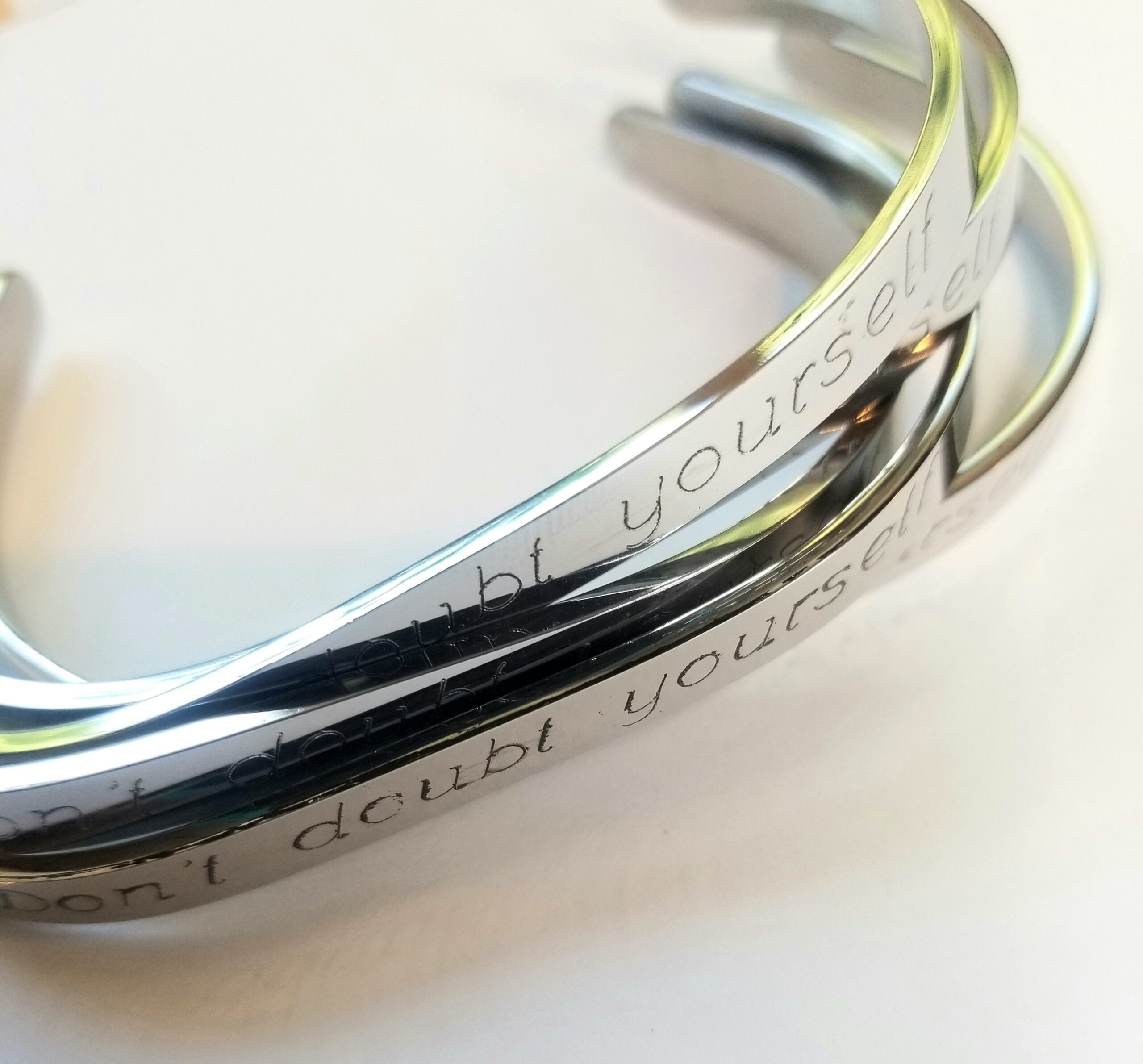 Don’t doubt yourself bracelet, uplifting cuff, Engraved Silver cuff bangle, Encouragement gift idea for her. I believe in you.