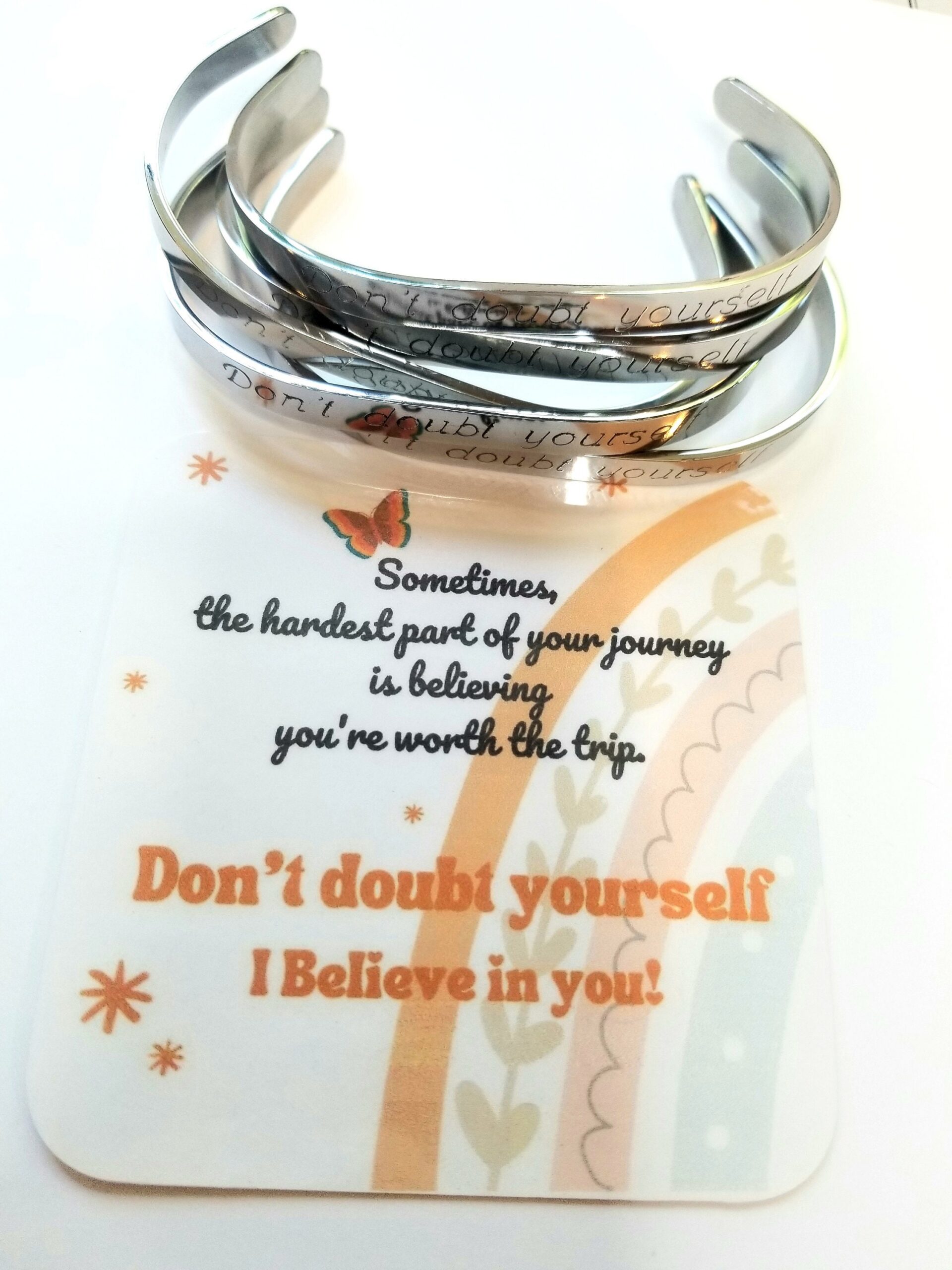 Don’t doubt yourself bracelet, uplifting cuff, Engraved Silver cuff bangle, Encouragement gift idea for her. I believe in you.