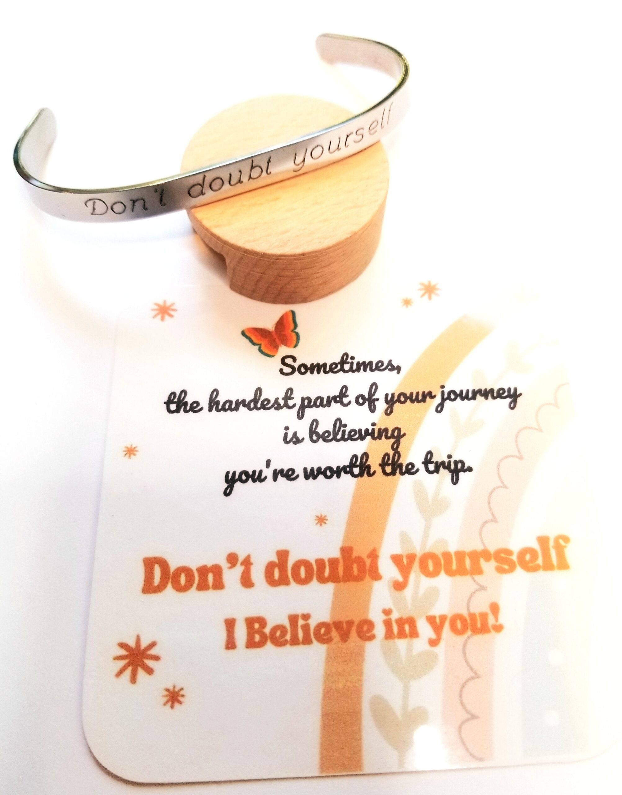 Don’t doubt yourself bracelet, uplifting cuff, Engraved Silver cuff bangle, Encouragement gift idea for her. I believe in you.