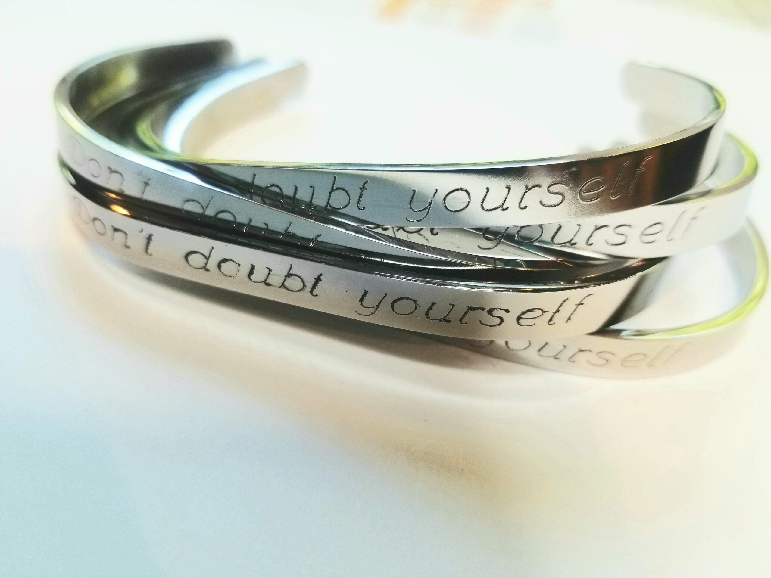 Don’t doubt yourself bracelet, uplifting cuff, Engraved Silver cuff bangle, Encouragement gift idea for her. I believe in you.