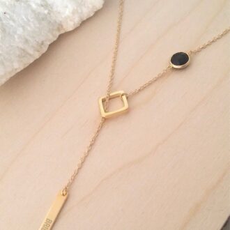 Personalized bridesmaid gift, Custom lariat necklace, engraved bar necklace, Asymmetrical black and gold necklace, long Y necklace.