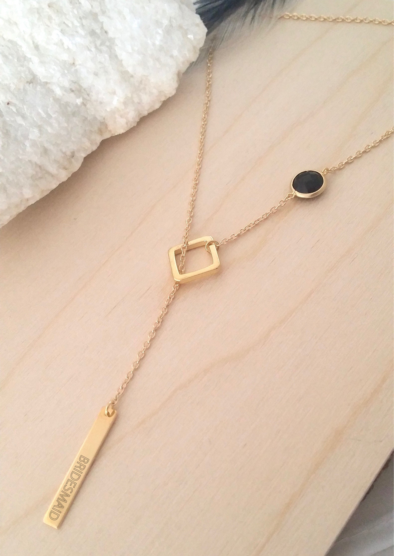 Personalized bridesmaid gift, Custom lariat necklace, engraved bar necklace, Asymmetrical black and gold necklace, long Y necklace.