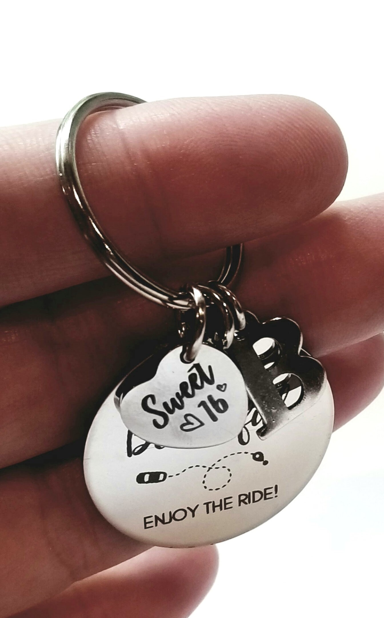 Enjoy the ride keychain, sweet sixteen gift for a new driver, Customized initial charm, first time driver gift