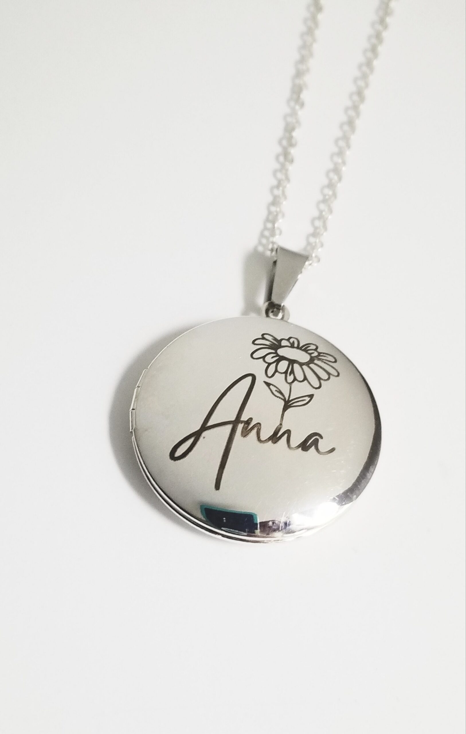 Personalized engraved bridesmaid Locket, custom birth flower name necklace, round silver locket w photo, will you be my bridesmaids proposal