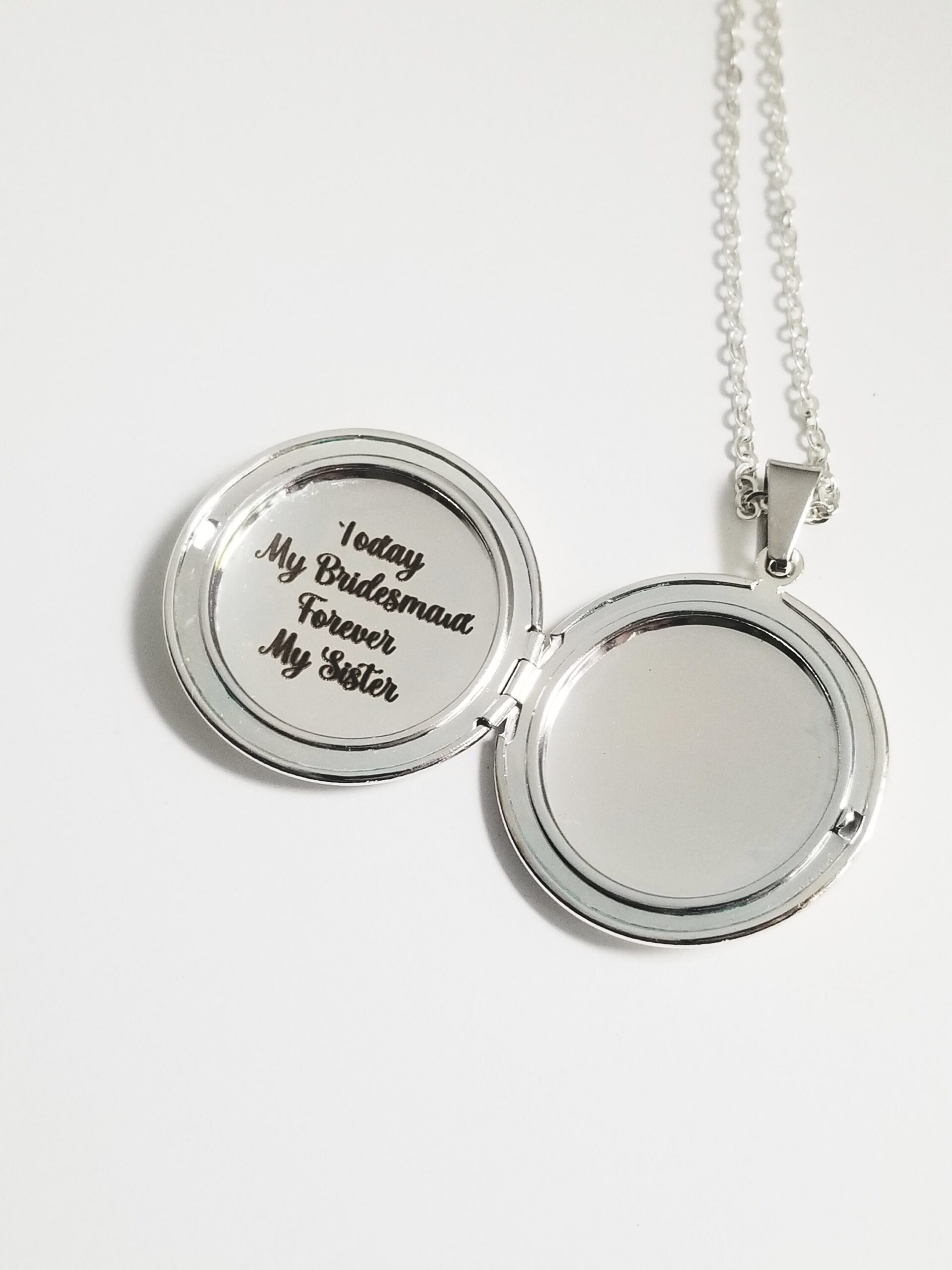 Personalized engraved bridesmaid Locket, custom birth flower name necklace, round silver locket w photo, will you be my bridesmaids proposal