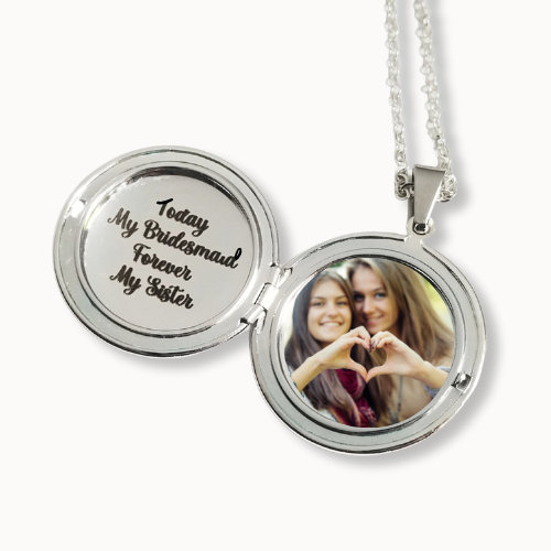 Personalized engraved bridesmaid Locket, custom birth flower name necklace, round silver locket w photo, will you be my bridesmaids proposal
