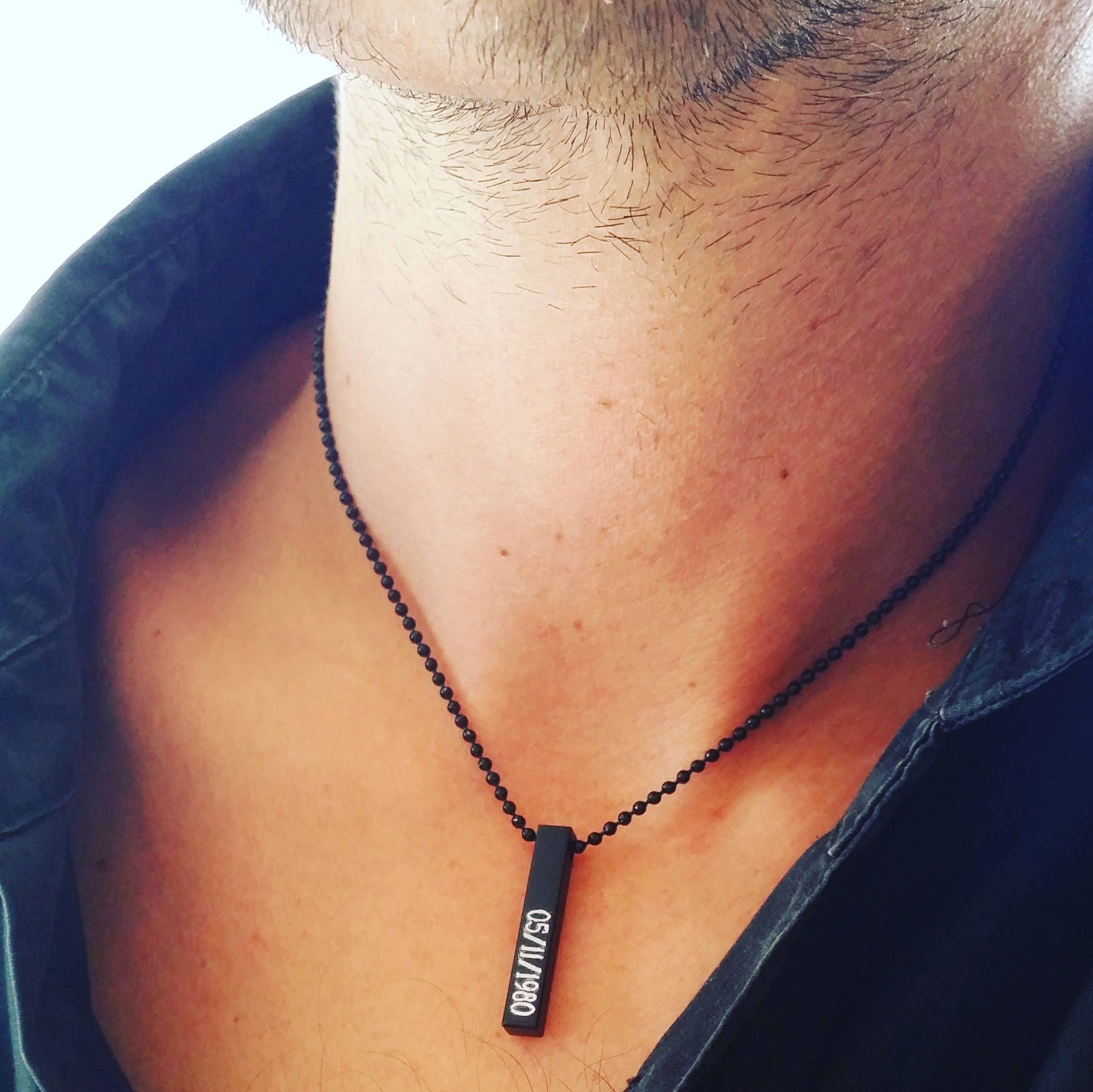 Vertical bar necklace, monogram pendant, unisex black necklace, engraved pendant, gift for him, Men’s necklace, personalized block pendant.