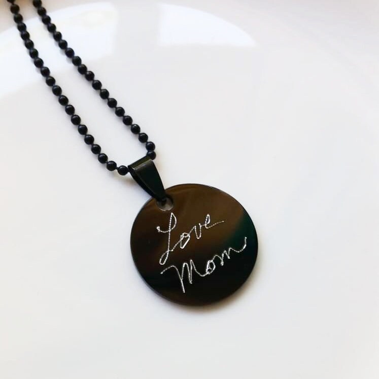 Custom Handwriting necklace, monogram coin pendant, unisex black necklace, personalized signature pendant, Men necklace, handwritten pendant