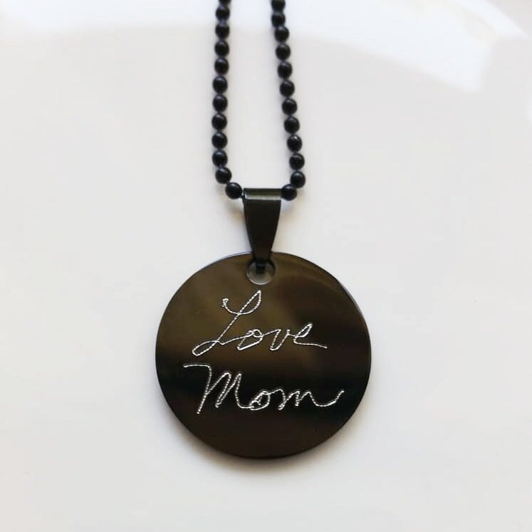Custom Handwriting necklace, monogram coin pendant, unisex black necklace, personalized signature pendant, Men necklace, handwritten pendant