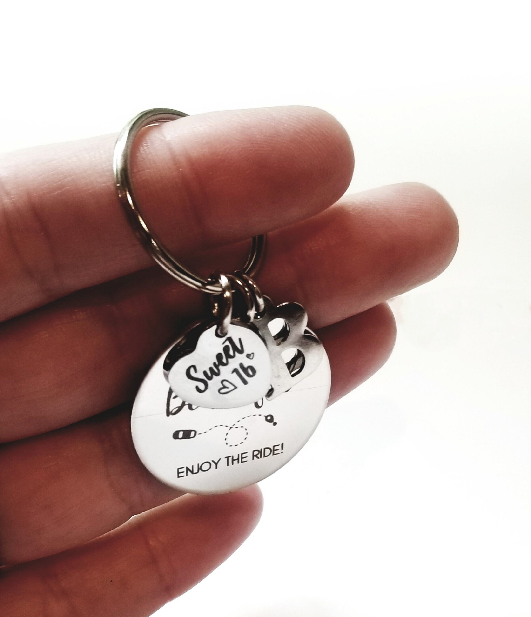 Enjoy the ride keychain, sweet sixteen gift for a new driver, Customized initial charm, first time driver gift