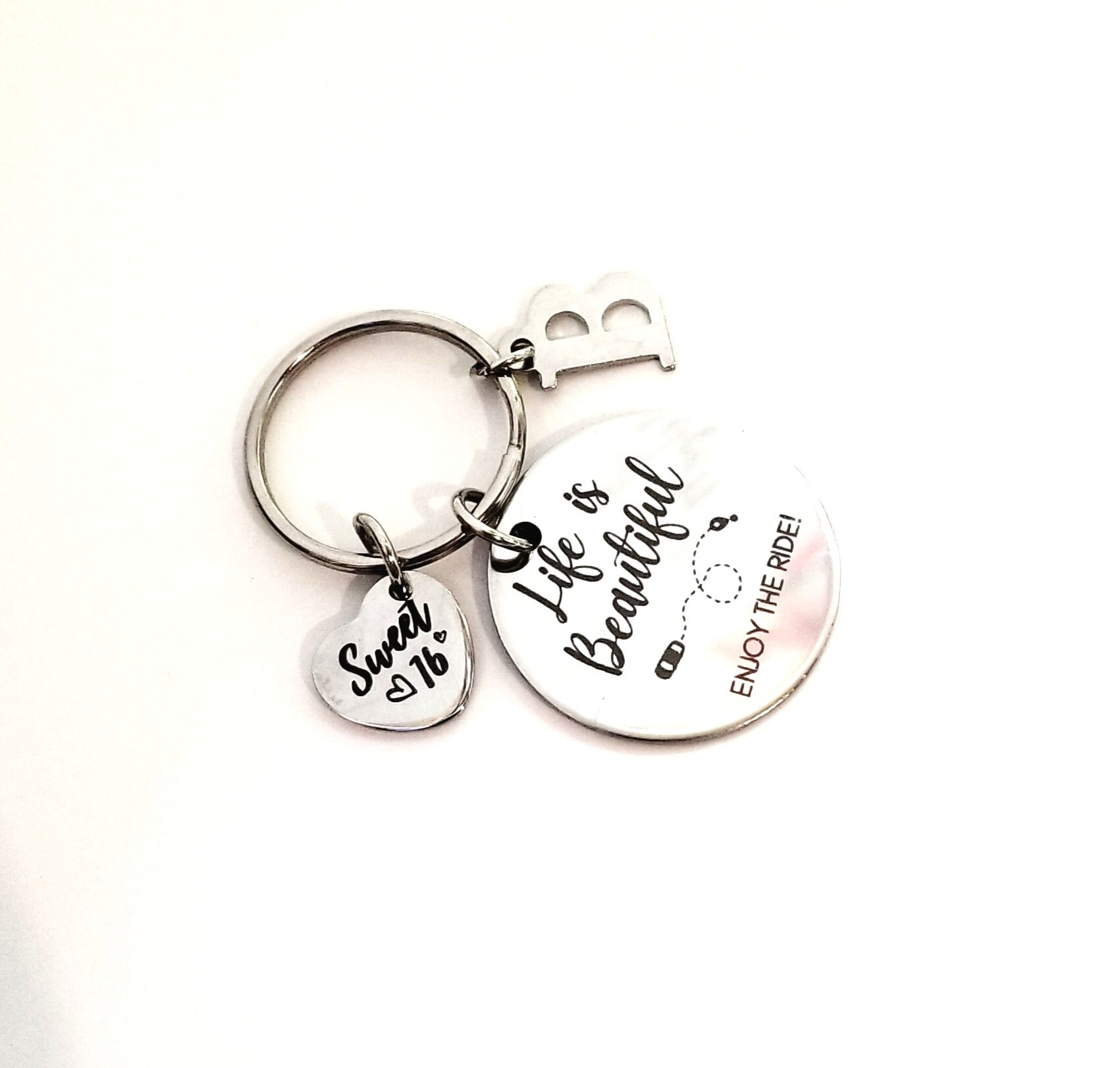 Enjoy the ride keychain, sweet sixteen gift for a new driver, Customized initial charm, first time driver gift