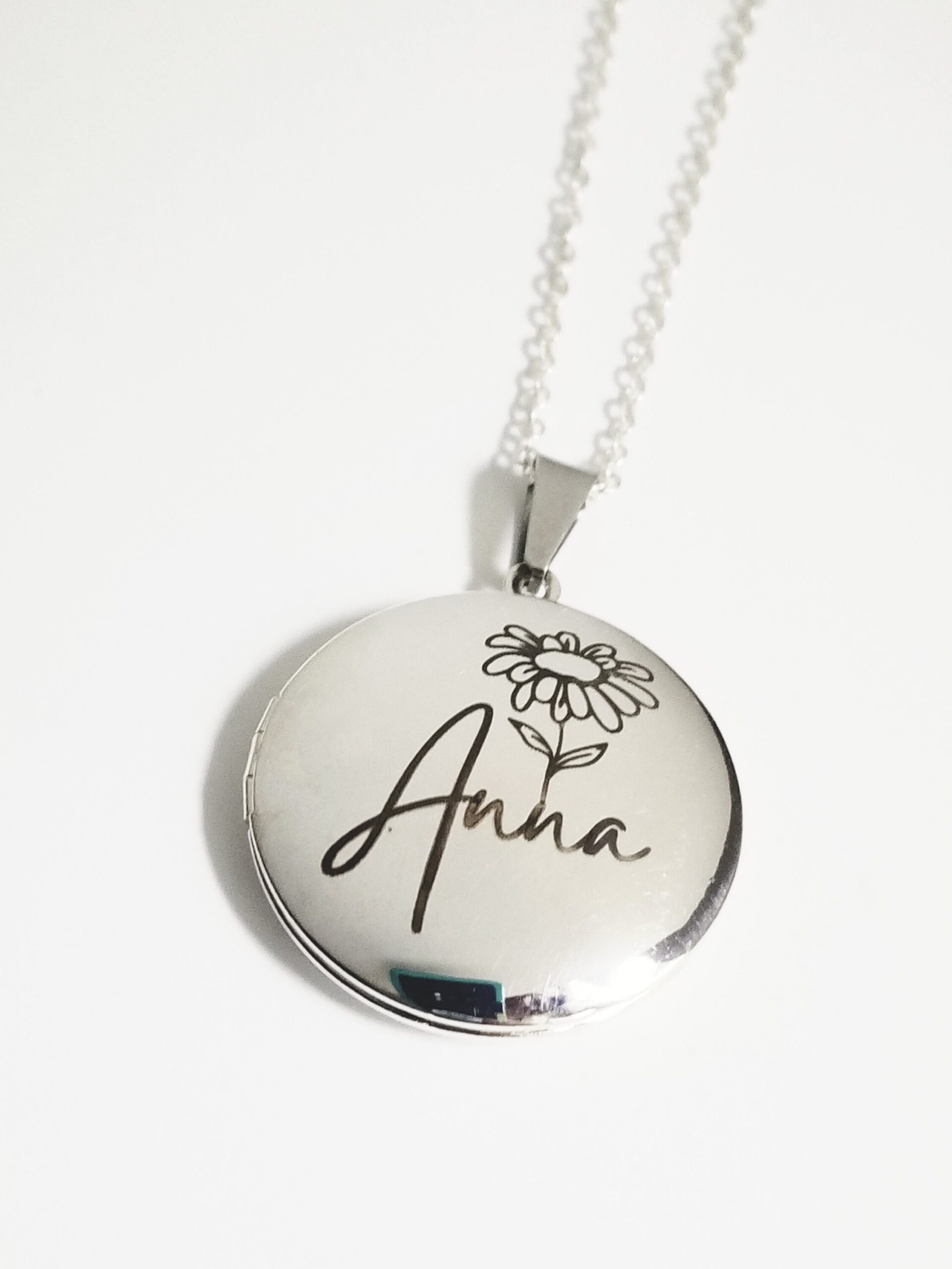 Personalized engraved bridesmaid Locket, custom birth flower name necklace, round silver locket w photo, will you be my bridesmaids proposal