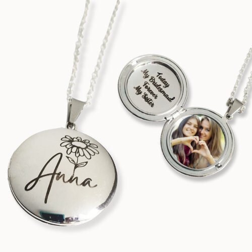 Personalized engraved bridesmaid Locket, custom birth flower name necklace, round silver locket w photo, will you be my bridesmaids proposal
