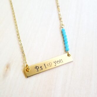 Personalized Gold bar necklace, custom name plate necklace with Aquamarine glass beads, I Love You necklace, Opal jewelry, girlfriend gift