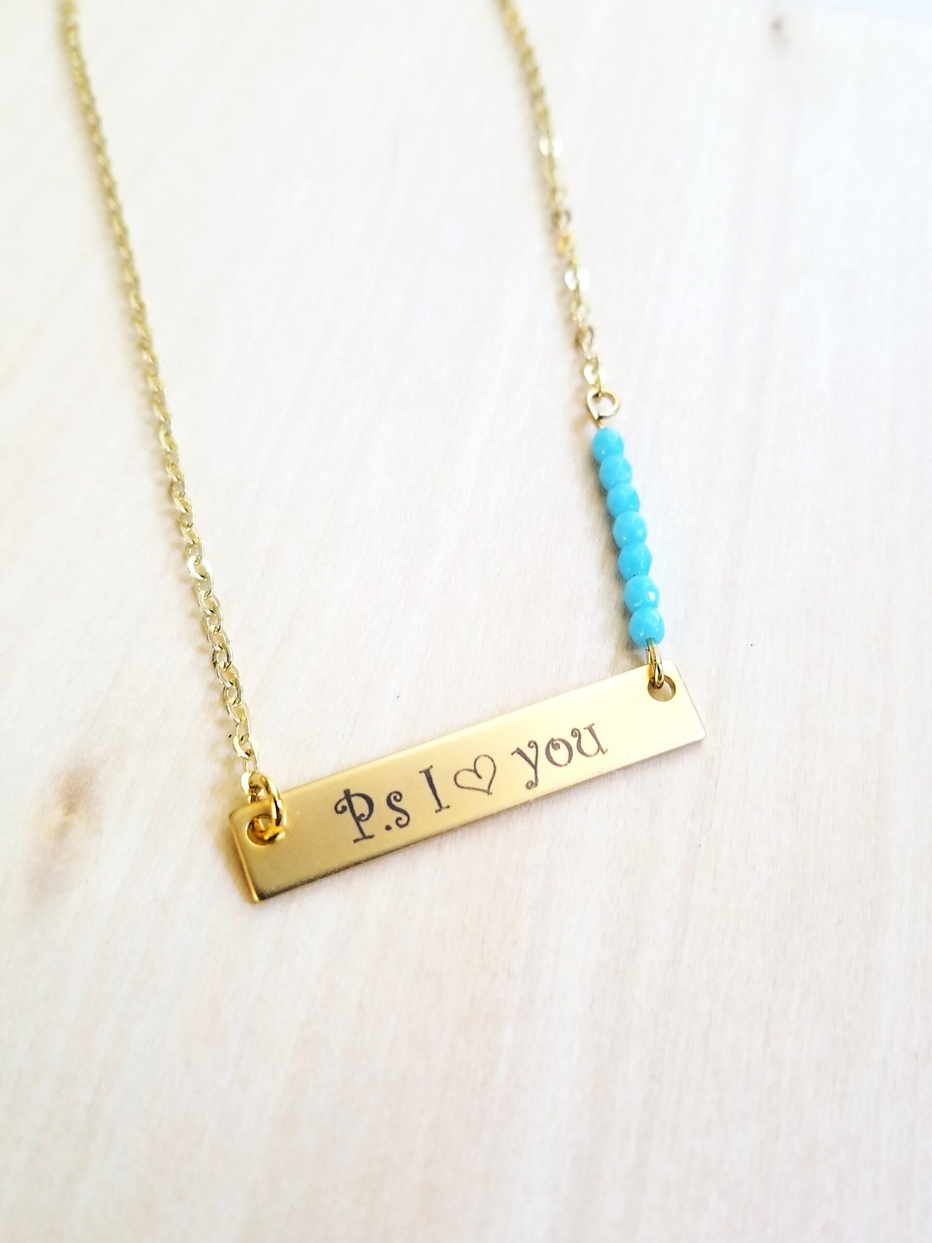 Personalized Gold bar necklace, custom name plate necklace with Aquamarine glass beads, I Love You necklace, Opal jewelry, girlfriend gift