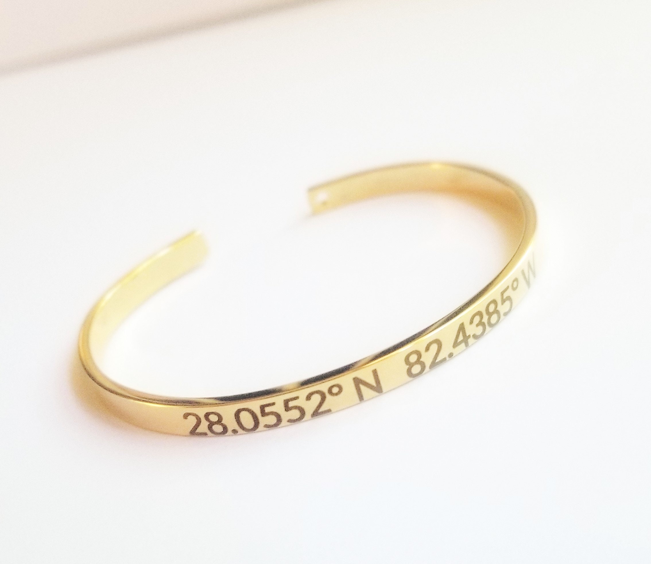 Custom Geographic Coordinates Bracelet – Latitude & Longitude, Engraved GPS cuff in silver, Rose Gold, Gold adjustable bangle
