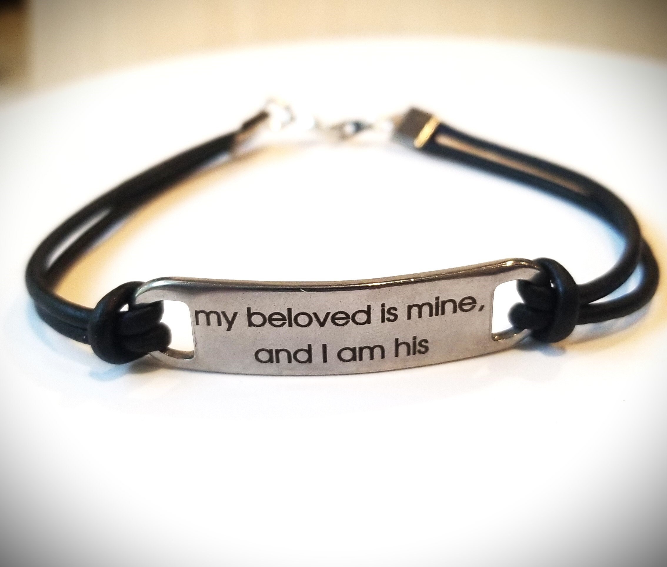 Custom Black leather bracelet, engraved message bar bracelet, Personalized nameplate bracelet, inspirational Quote jewelry gift for him