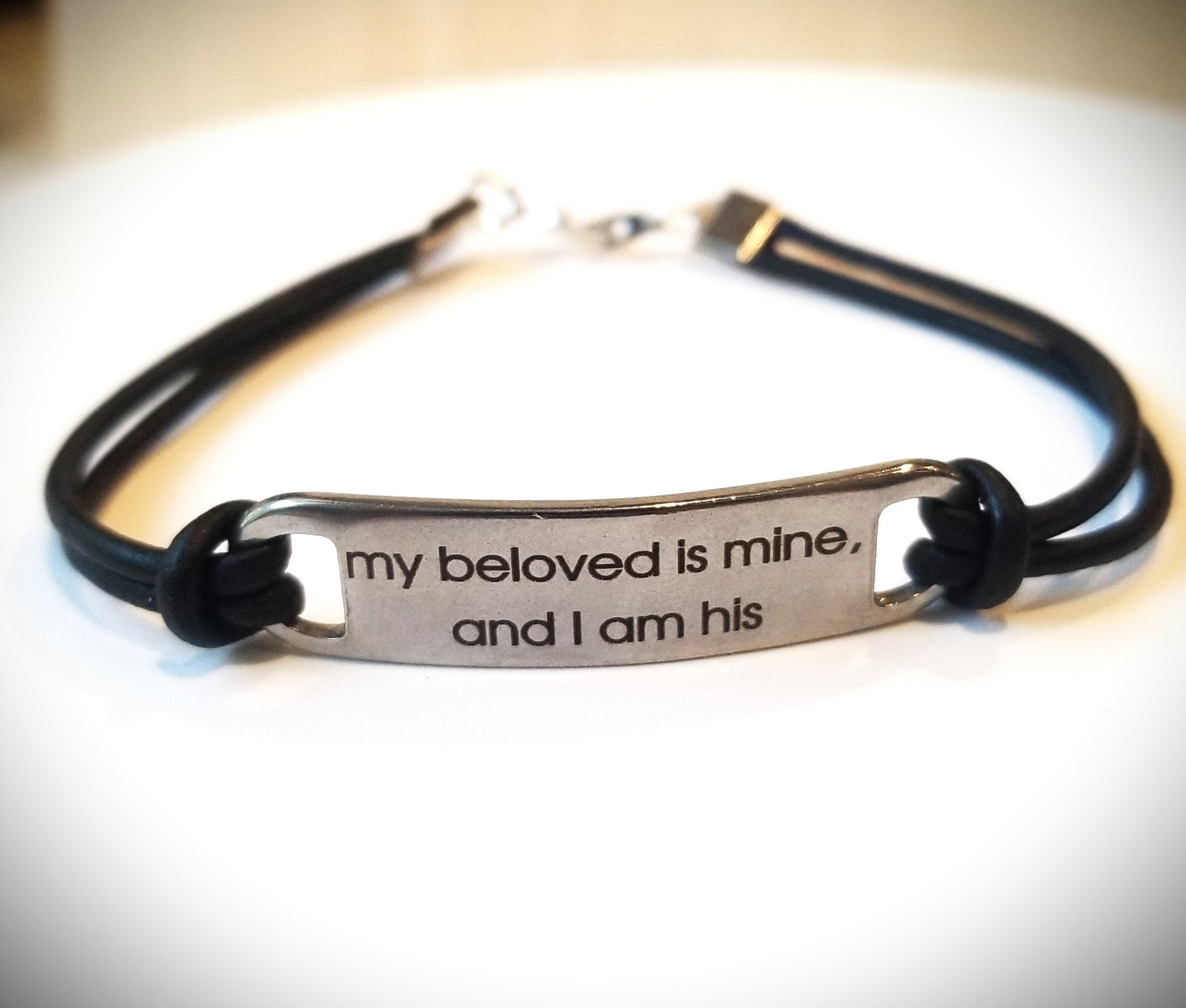 I am my beloved bible scripture verse Cuff, Black leather bracelet, Custom religious message, Personalized engraved faith cuff bracelet