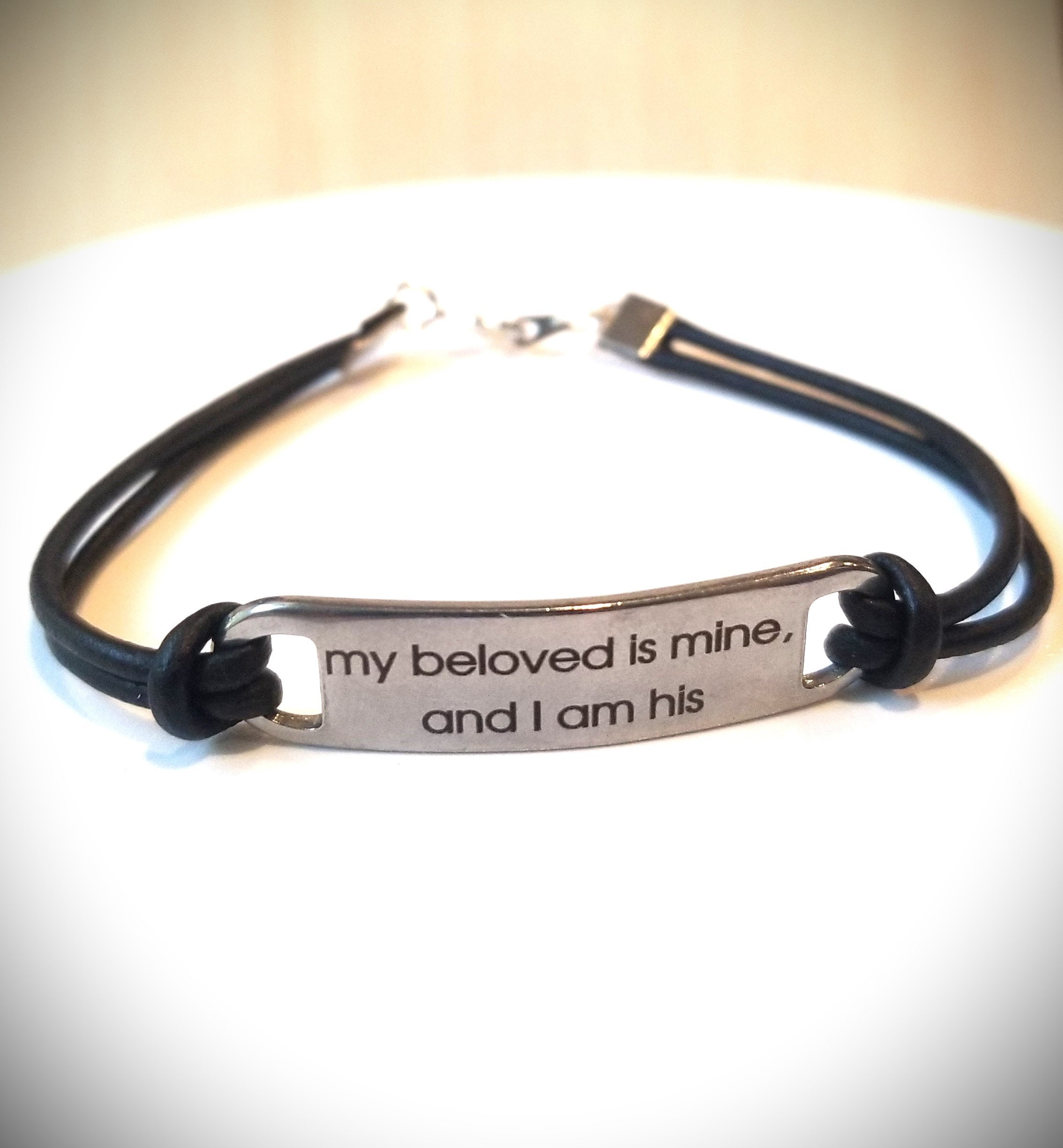 I am my beloved bible scripture verse Cuff, Black leather bracelet, Custom religious message, Personalized engraved faith cuff bracelet