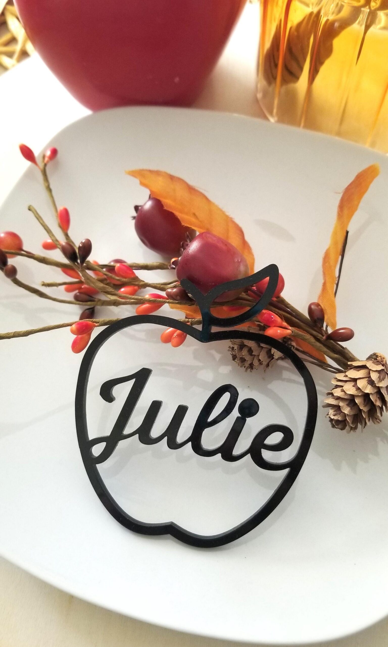 Rosh Hashanah table decoration, Jewish new year holiday, Wedding place card, Apple place cards, Personalized dinner plate setting decor