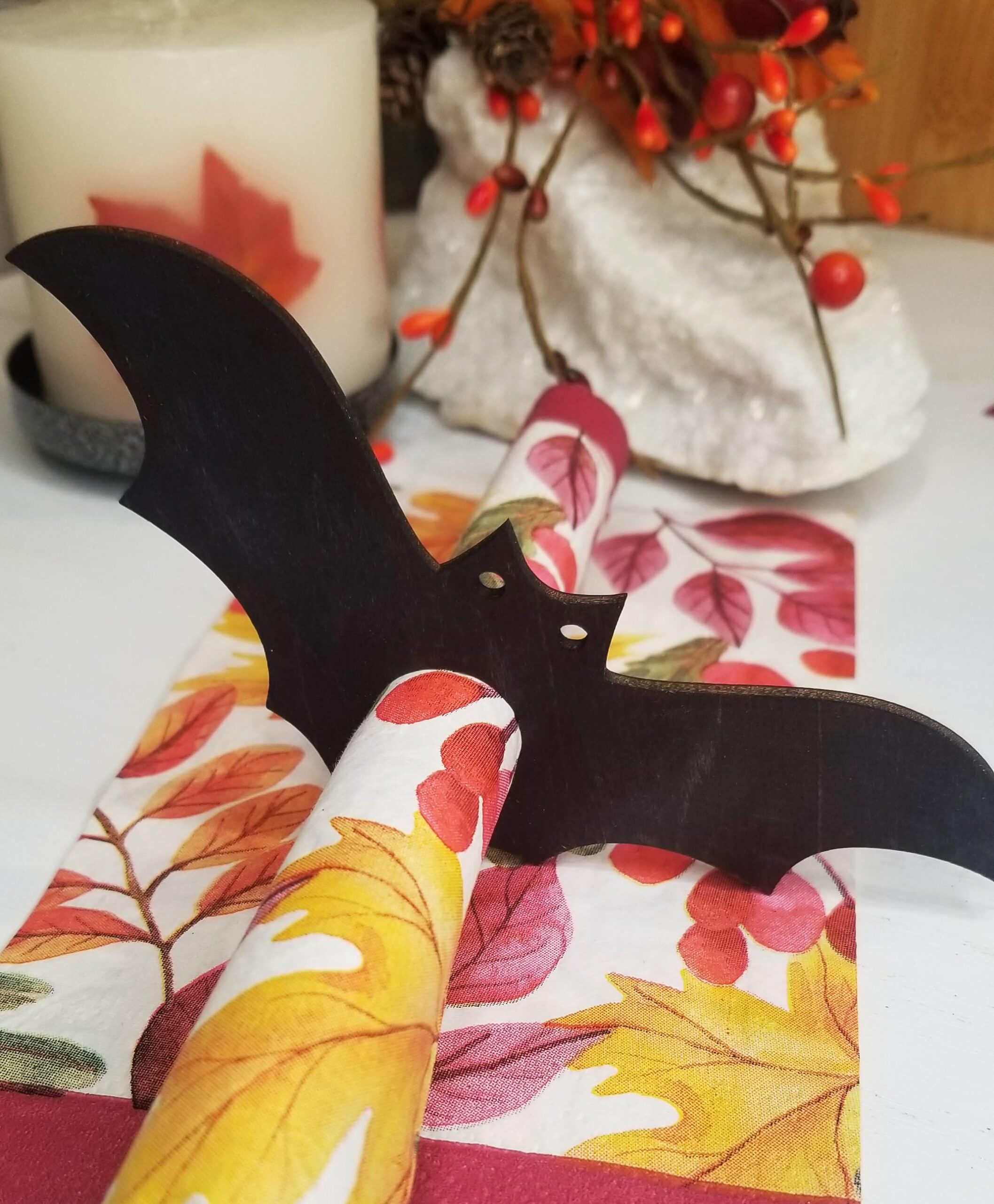 Spooky Halloween dinner party napkin rings, Black Bat table decoration, holiday table decor, Ghost table setting napkin holder, wood decor