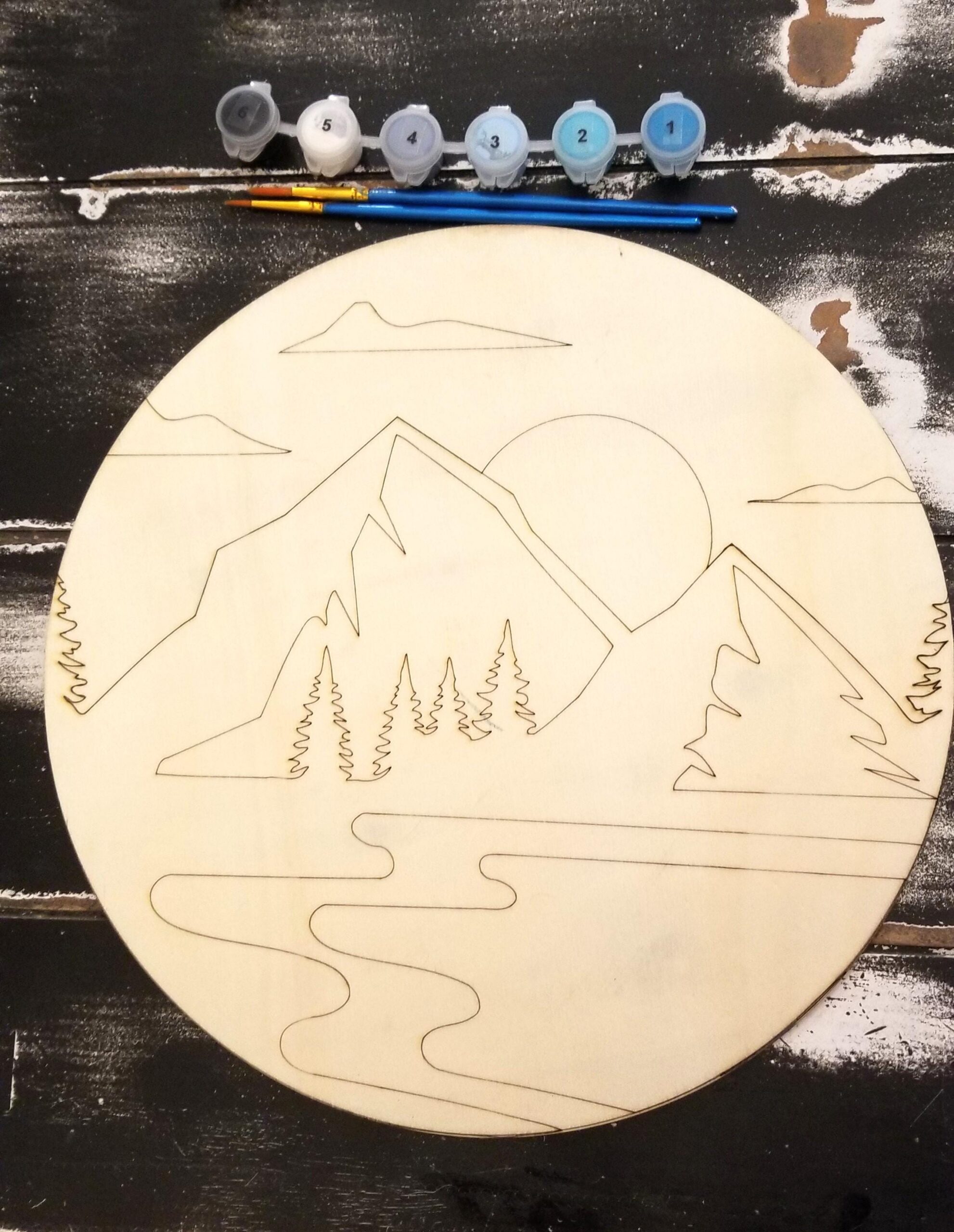 Mountains view Paint by numbers kit, Paint and sip party, DIY paint kit, RVing camper painting, lake view and Nature lovers wood paint kit.