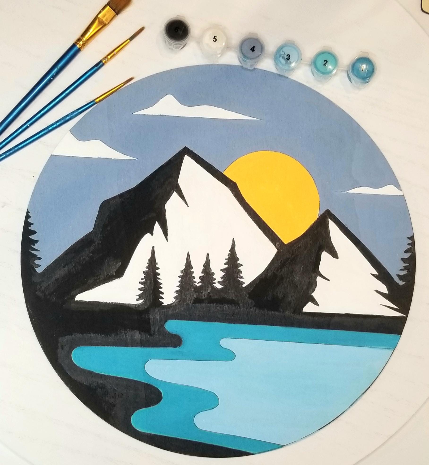 Mountains view Paint by numbers kit, Paint and sip party, DIY paint kit, RVing camper painting, lake view and Nature lovers wood paint kit.