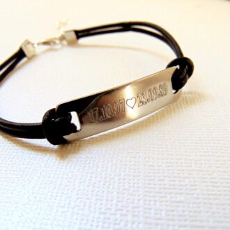 Custom Black leather bracelet, engraved message bar bracelet, Personalized nameplate bracelet, inspirational Quote jewelry gift for him