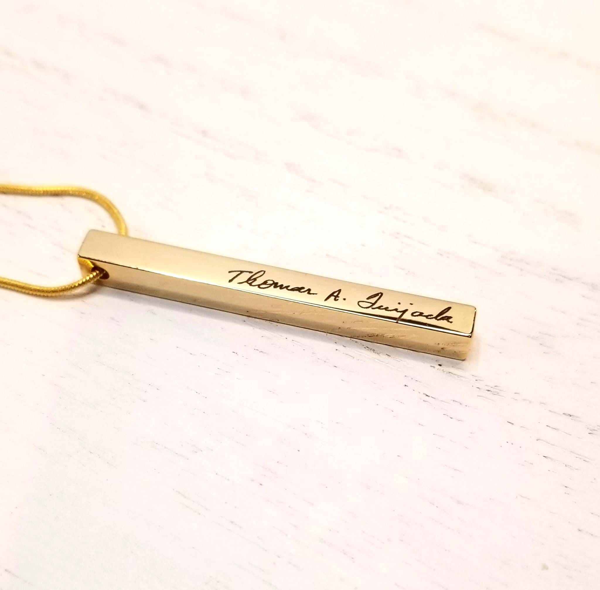 Custom handwriting necklace, 4 side engraved bar pendant, actual handwritten necklace, gold/silver/rose gold cuboid necklace. vertical bar