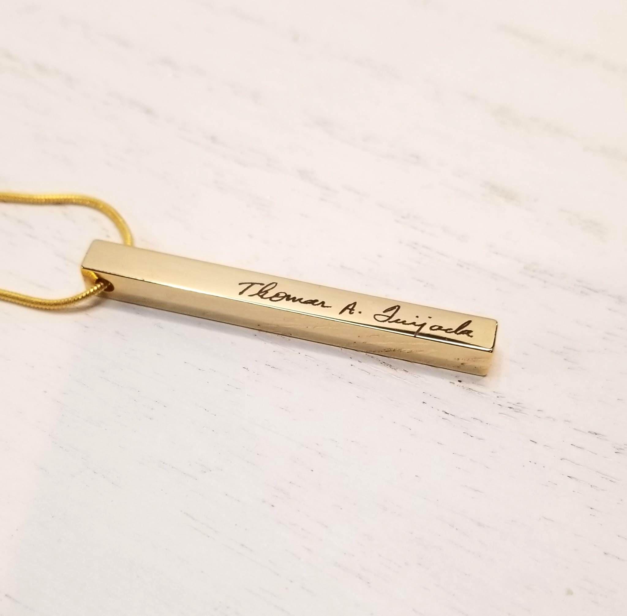 Vertical Custom handwriting necklace, 4 side engraved bar necklace, actual handwritten pendant, cuboid pendant, signature necklace.