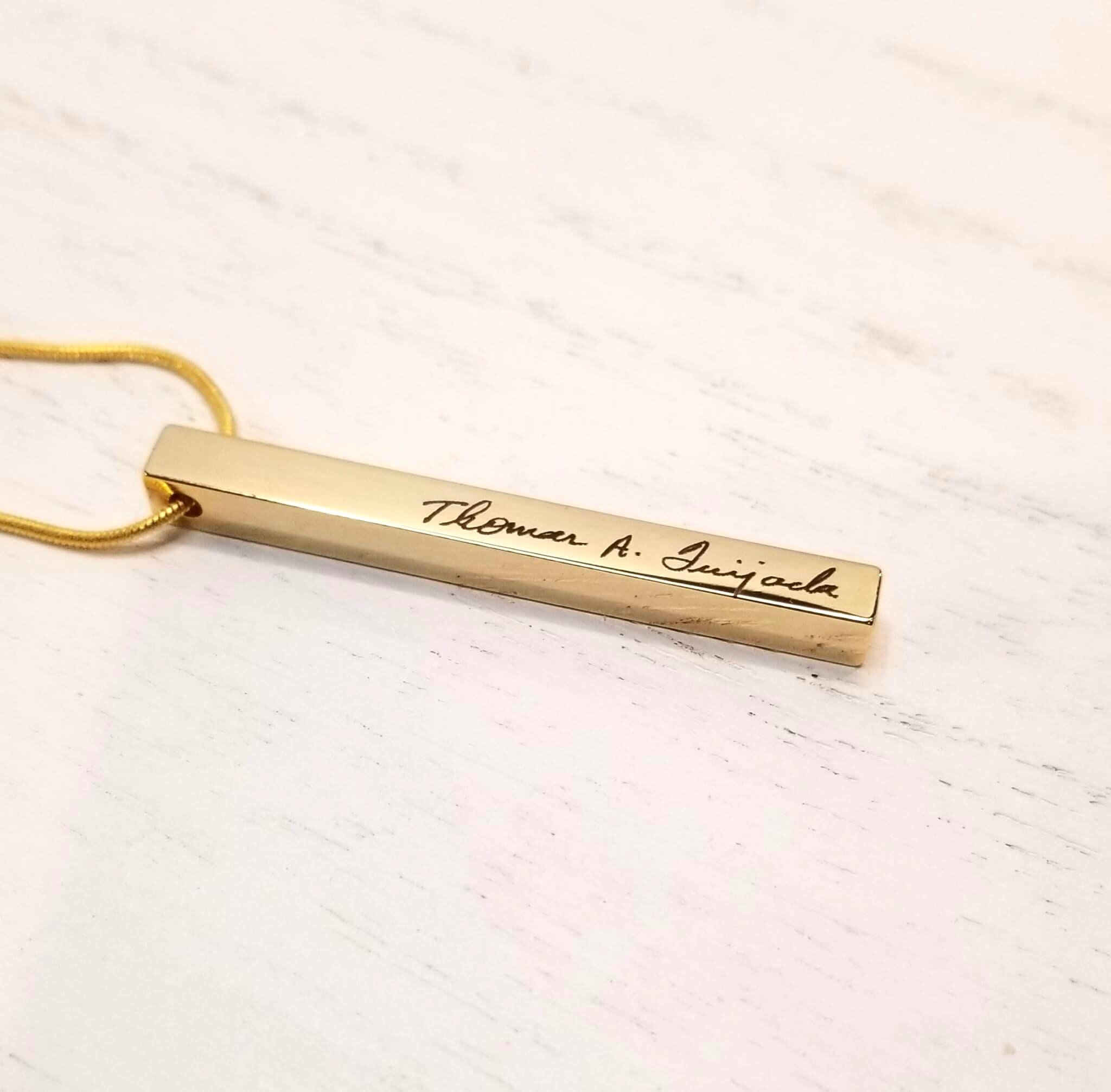 Custom handwriting necklace, 4 side engraved bar pendant, actual handwritten necklace, gold/silver/rose gold cuboid necklace. vertical bar