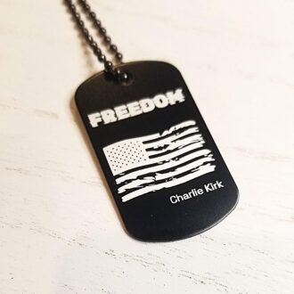 Charlie Kirk Freedom necklace, American flag Military tag in black, Patriot jewelry, justice for Charlie kirk memorial keepsake, USA patriot