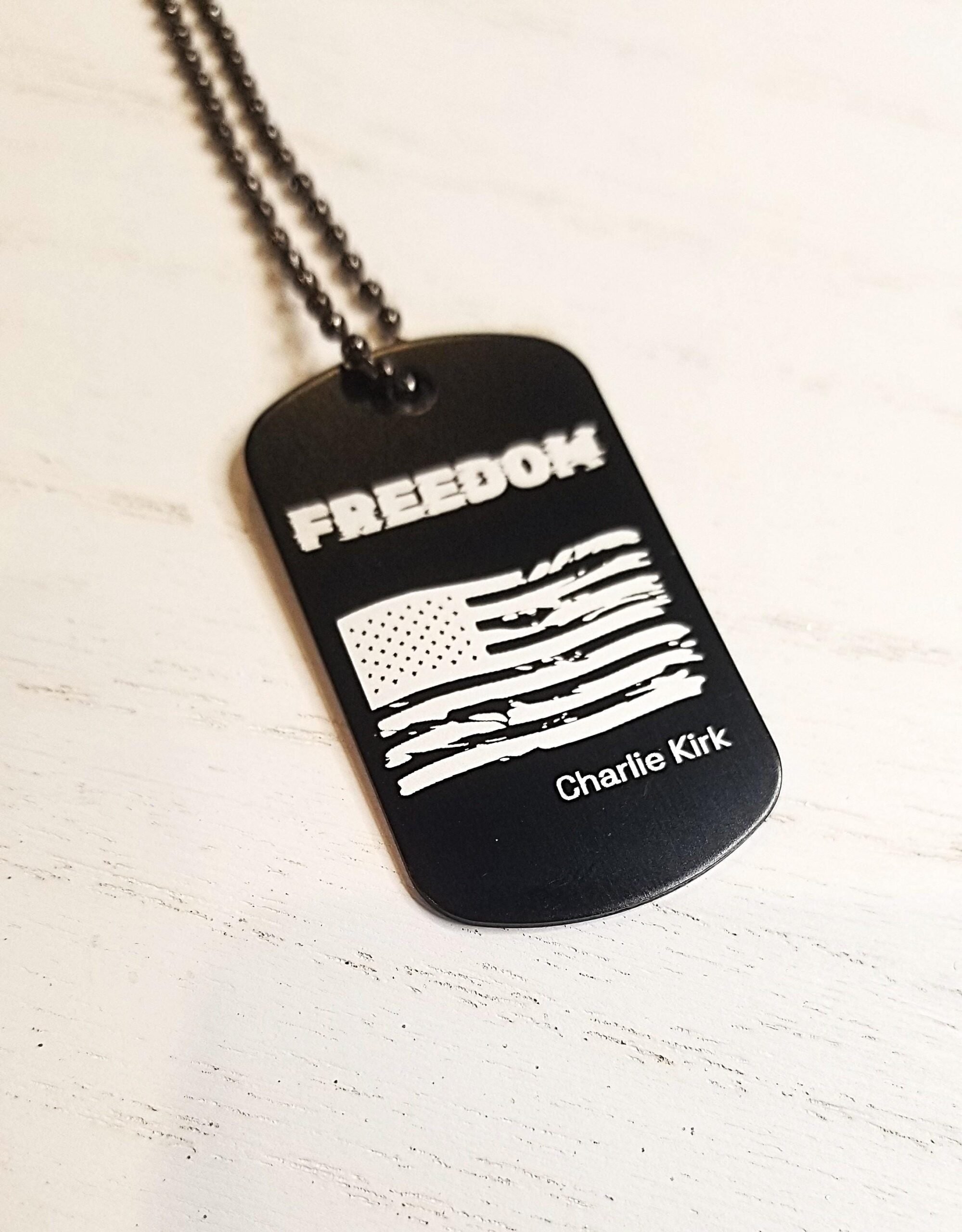 Charlie Kirk Freedom necklace, American flag Military tag in black, Patriot jewelry, justice for Charlie kirk memorial keepsake, USA patriot