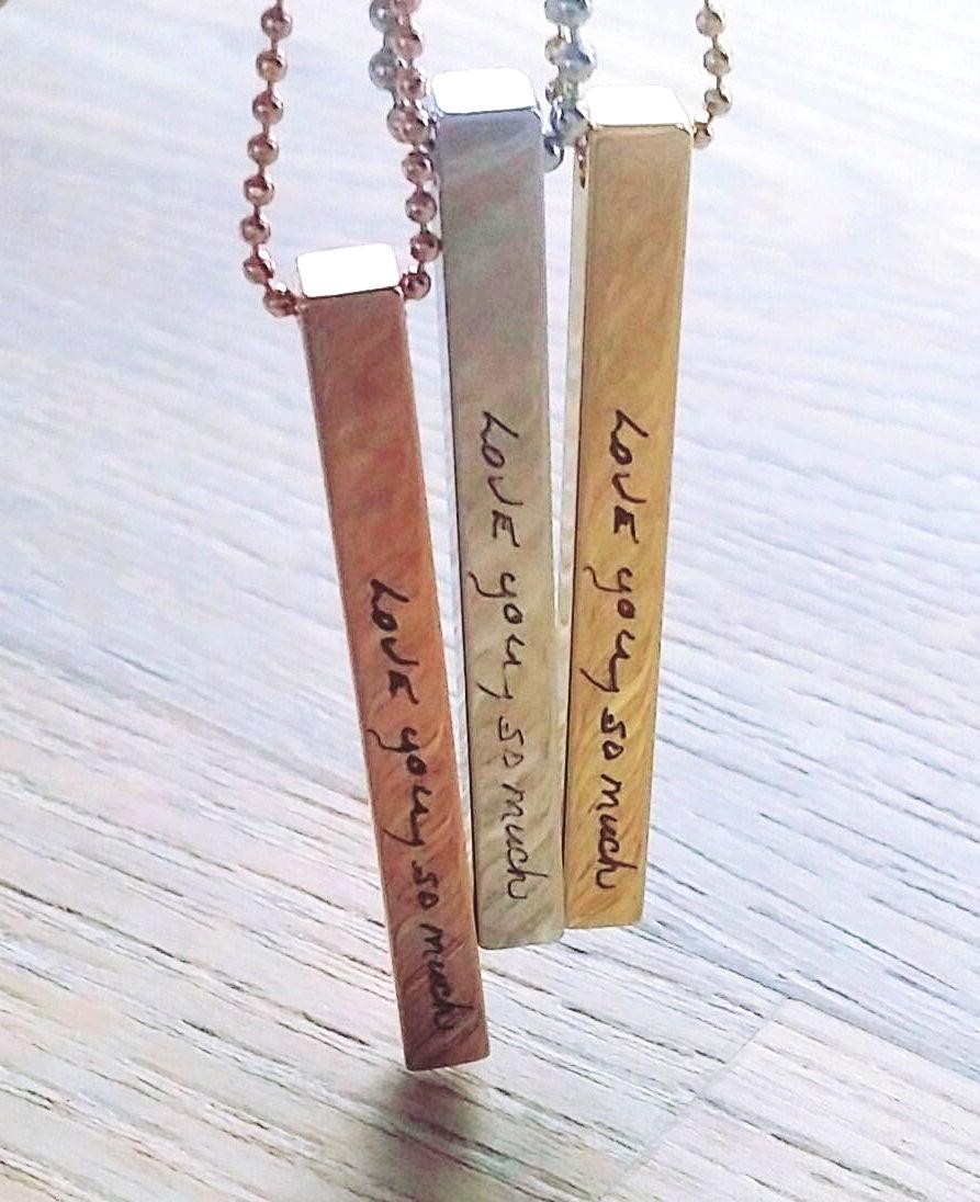 Vertical Custom handwriting necklace, 4 side engraved bar necklace, actual handwritten pendant, unisex 16k gold/silver/rose gold necklace.