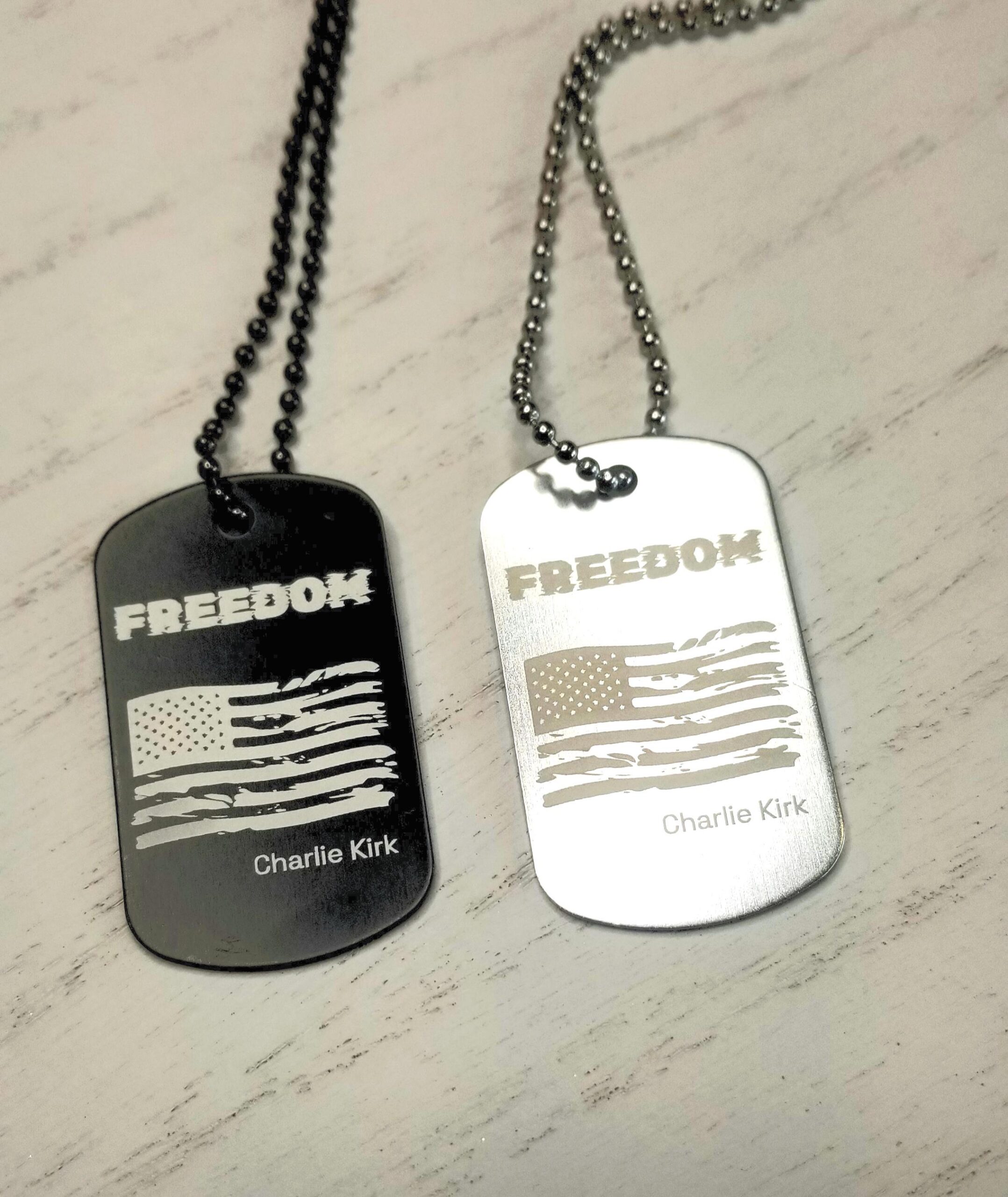 Freedom necklace in memory of Charlie Kirk, American flag Military tag in silver, Justice for Charlie kirk keepsake, USA republican patriot