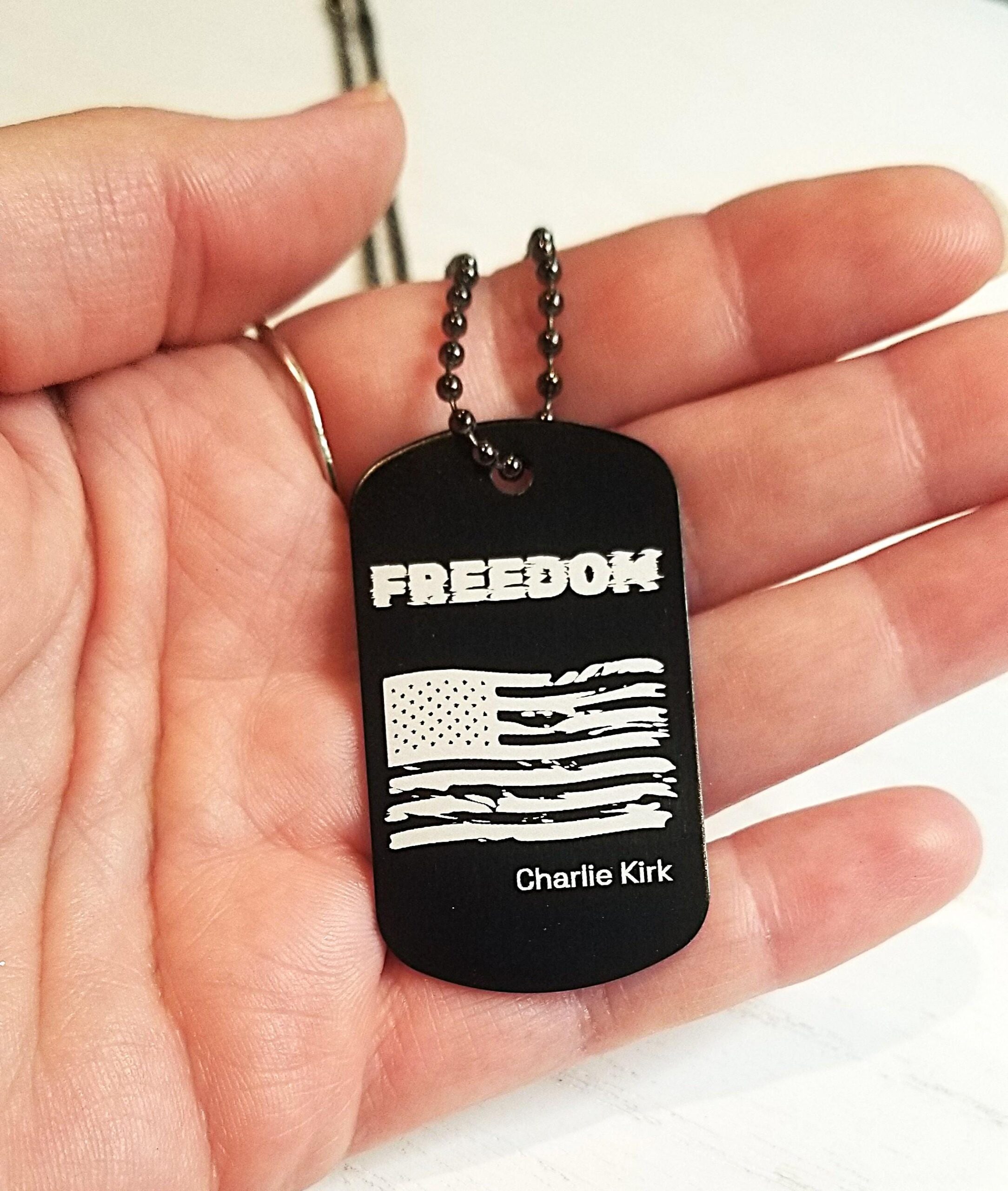 Charlie Kirk Freedom necklace, American flag Military tag in black, Patriot jewelry, justice for Charlie kirk memorial keepsake, USA patriot